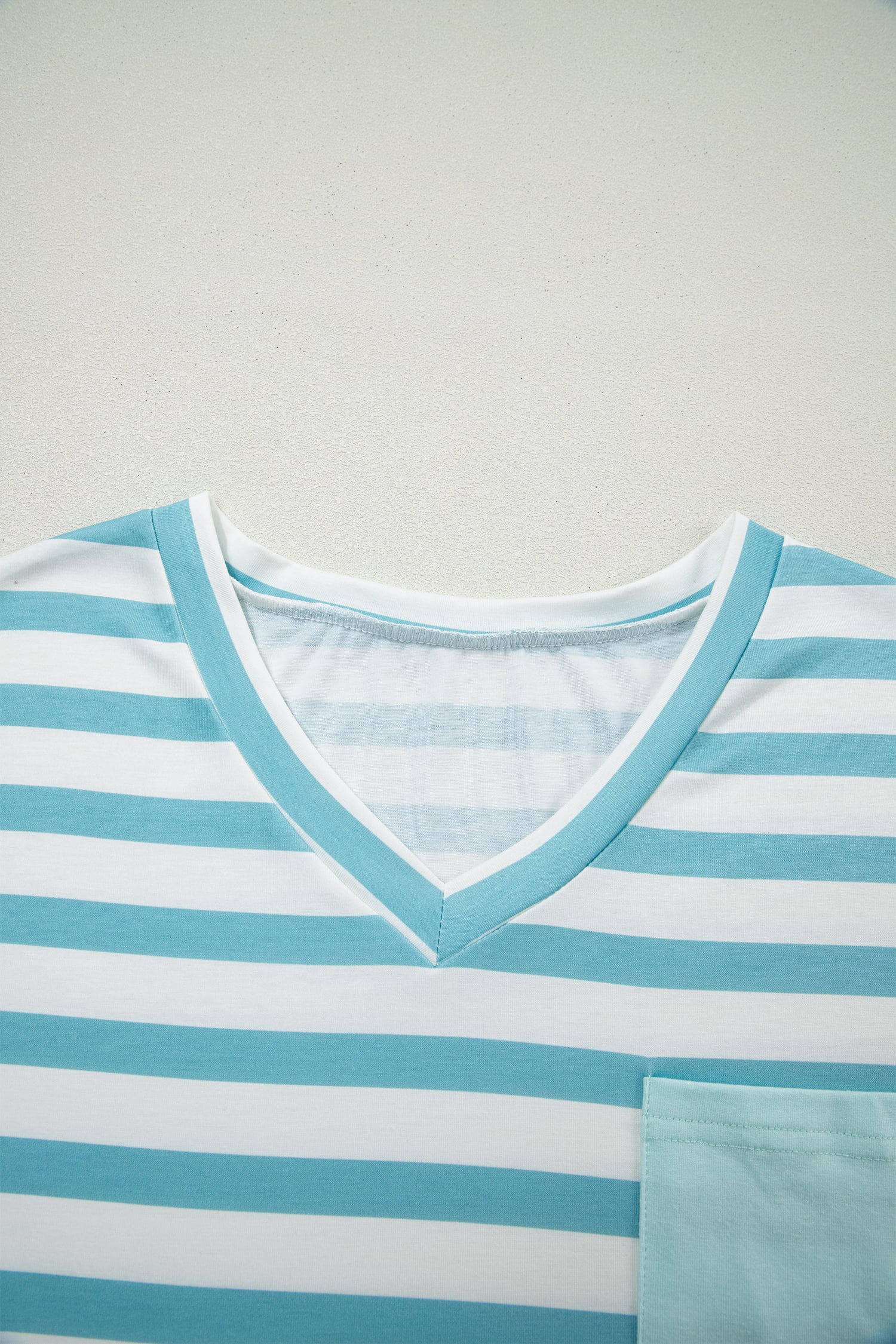 Sky Blue Stripe V Neck Patched Pocket Casual T Shirt