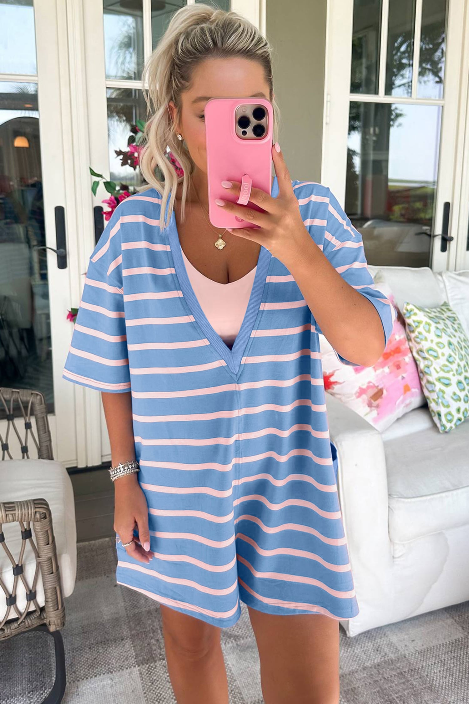 Sky Blue Stripe V Neck Short Sleeve Double Wear Loose Romper
