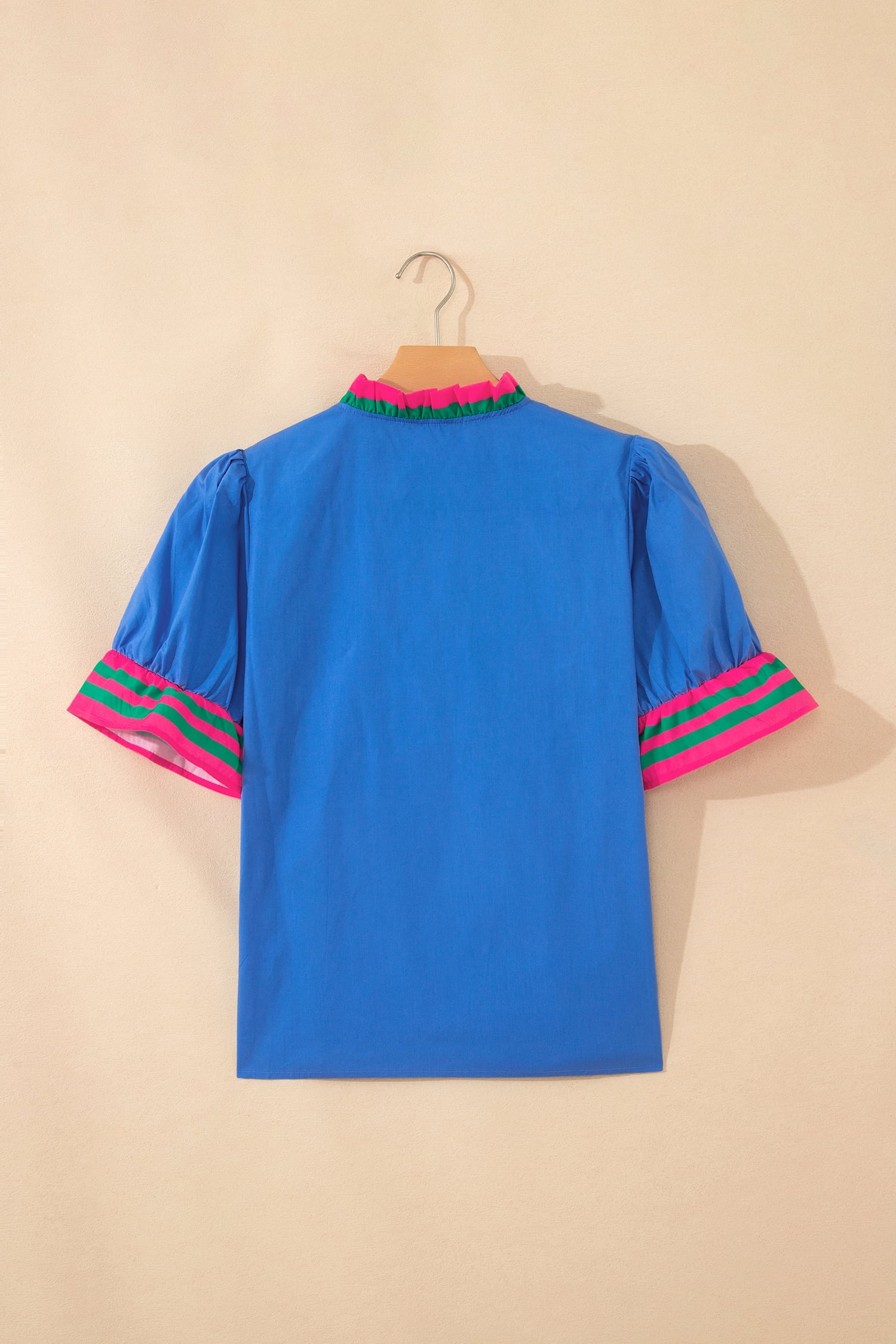 Sky Blue Striped Frilled Collar Ruffled Short Sleeve Blouse