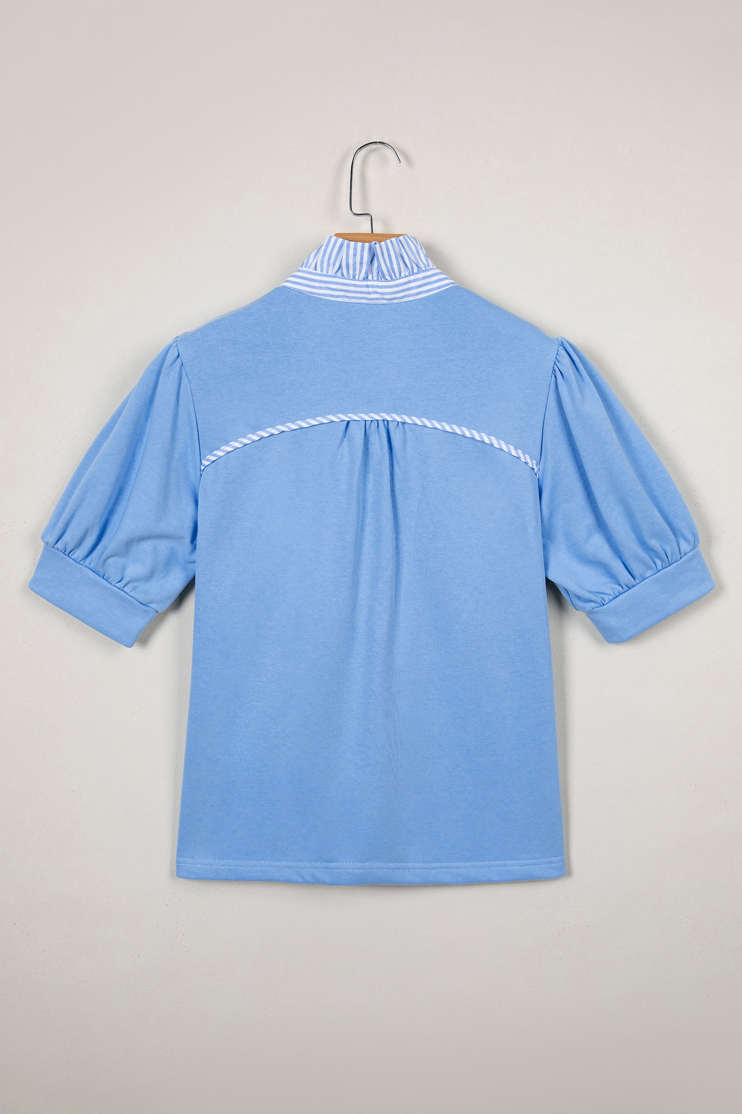 Sky Blue Striped Frilled Collar Short Sleeve Blouse