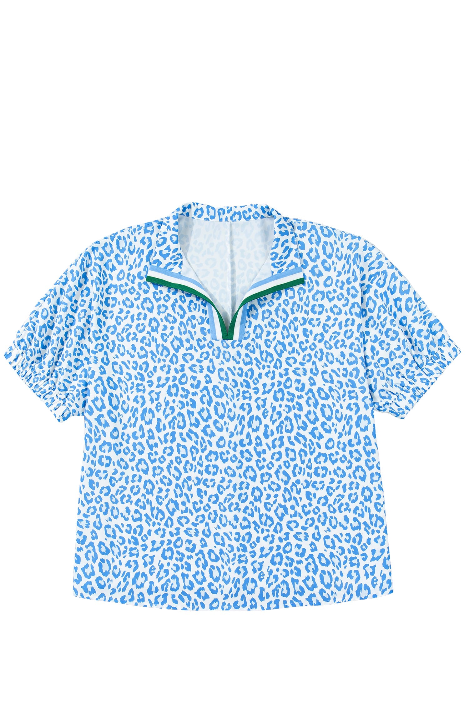 Sky Blue Striped V Neckline Half Sleeve Plus Size Leopard Blouse