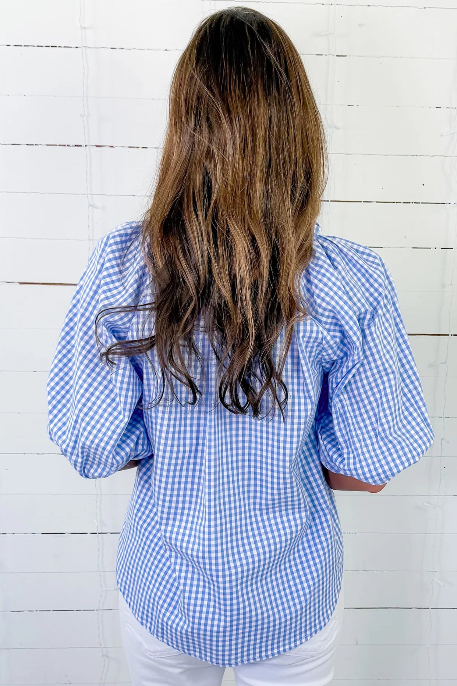 Sky Blue Summer Plaid V Neck Puff Sleeve Blouse