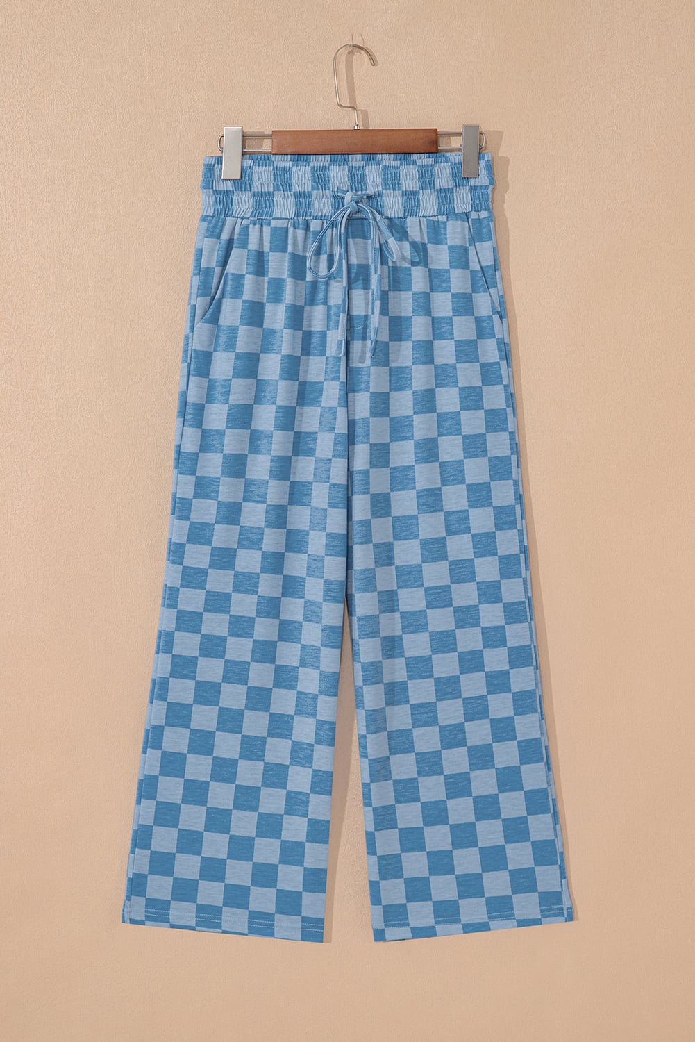 Sky Blue Checkered Elastic High Waist Loose Casual Pants