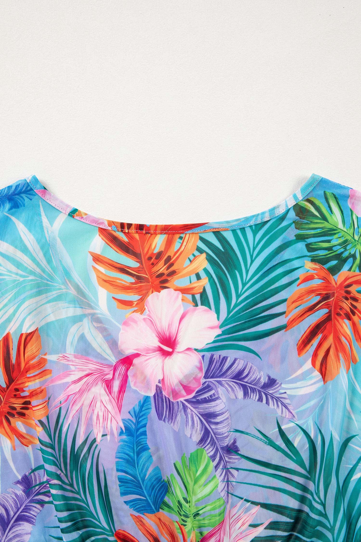 Sky Blue Tropical Print V Neck Semi Sheer Beach Cover Up Dress