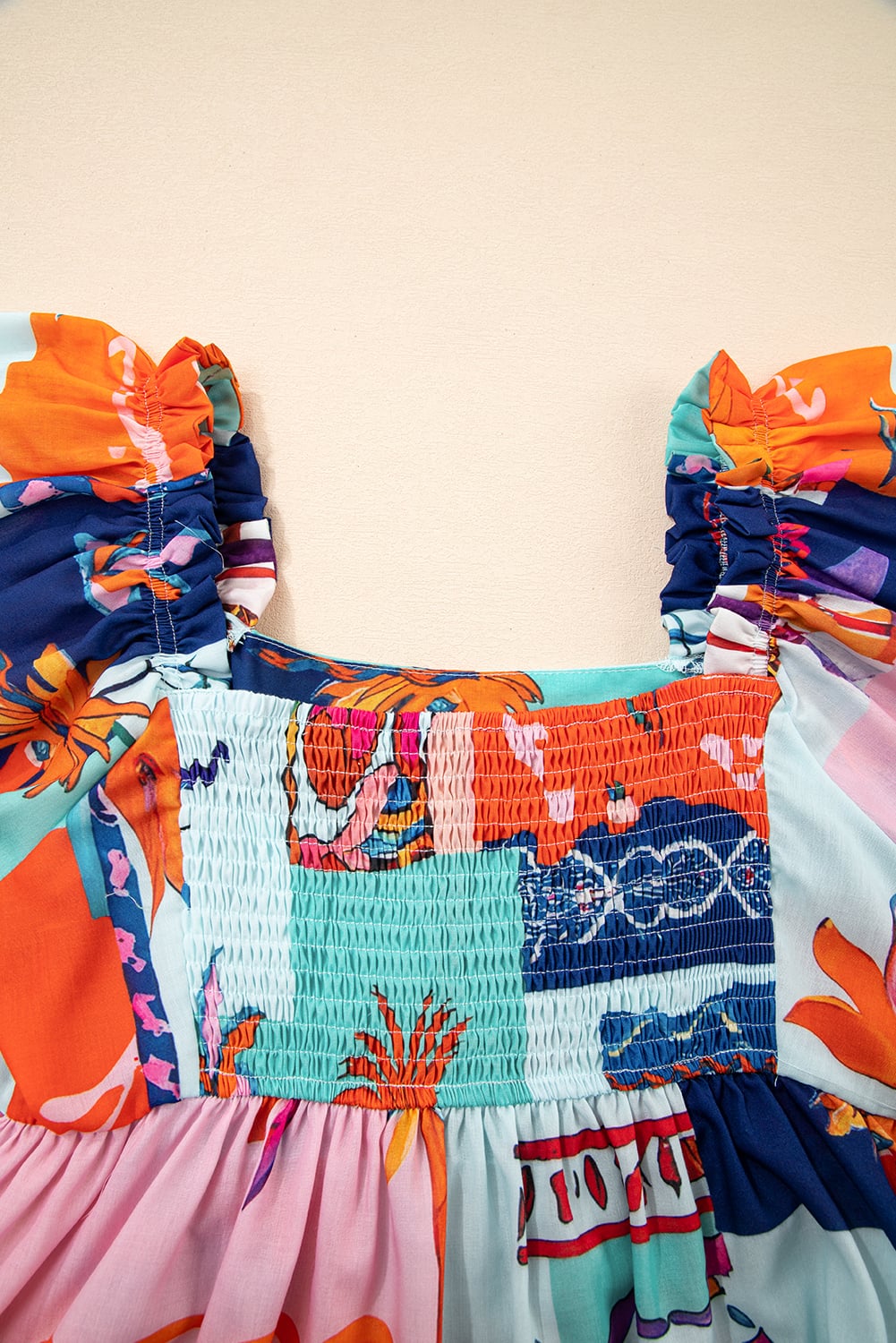 Sky Blue Tropical Printed Square Neck Flutter Sleeve Babydoll Blouse