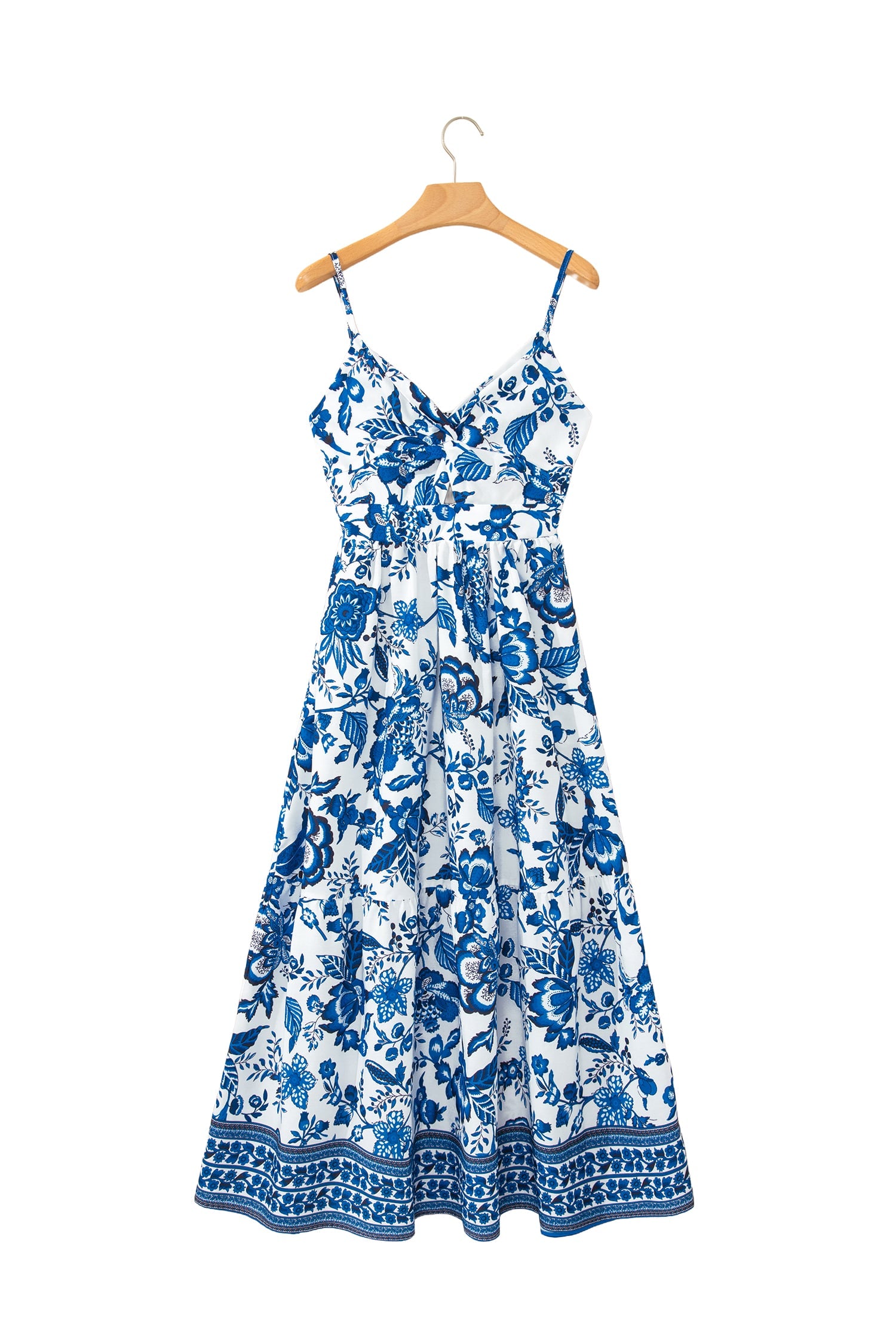 Sky Blue Twisted Bust Spaghetti Straps Backless Floral Maxi Dress