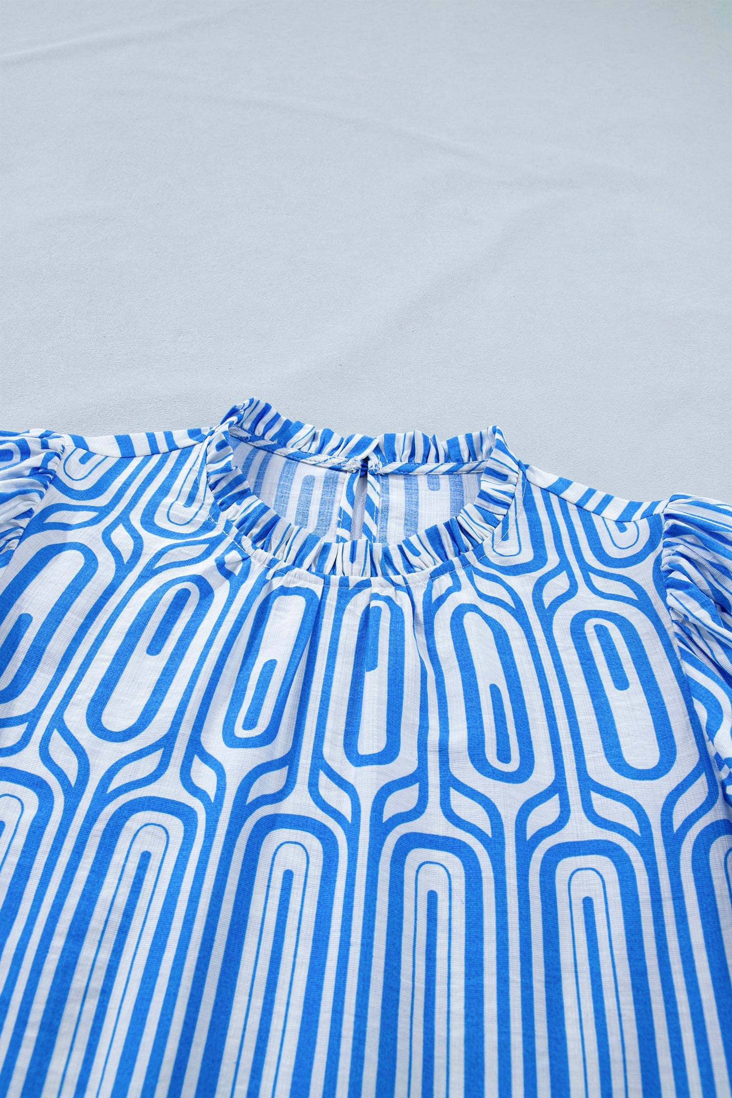 Sky Blue Unique Geometry Print Floral Embroidered Puff Sleeve Blouse