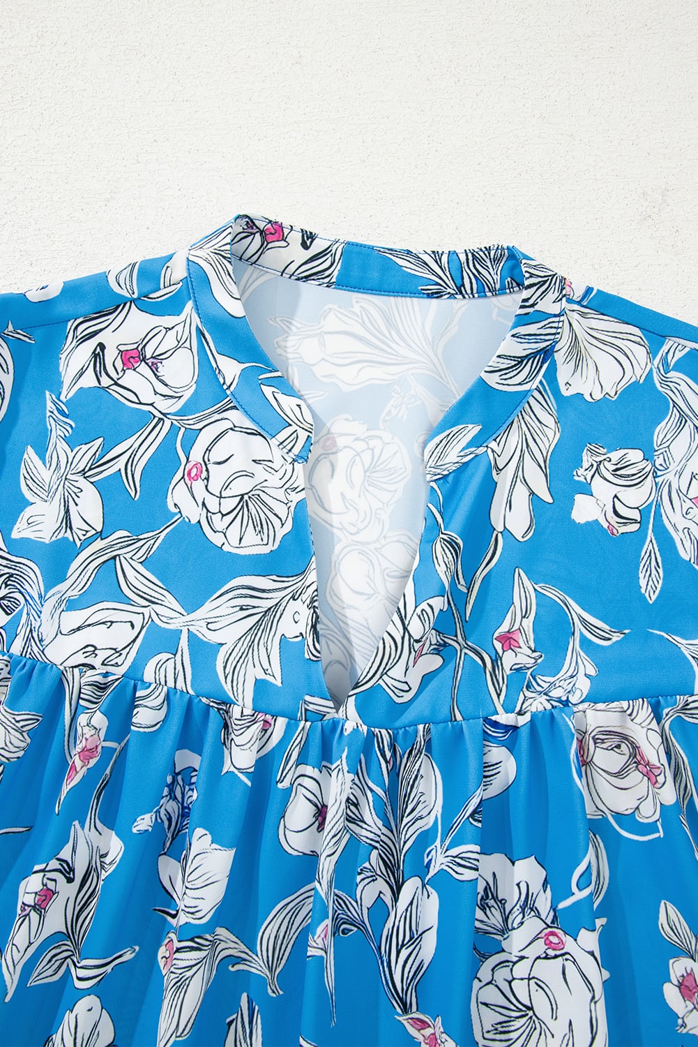Sky Blue V Neck Floral Print 3/4 Puff Sleeve Blouse
