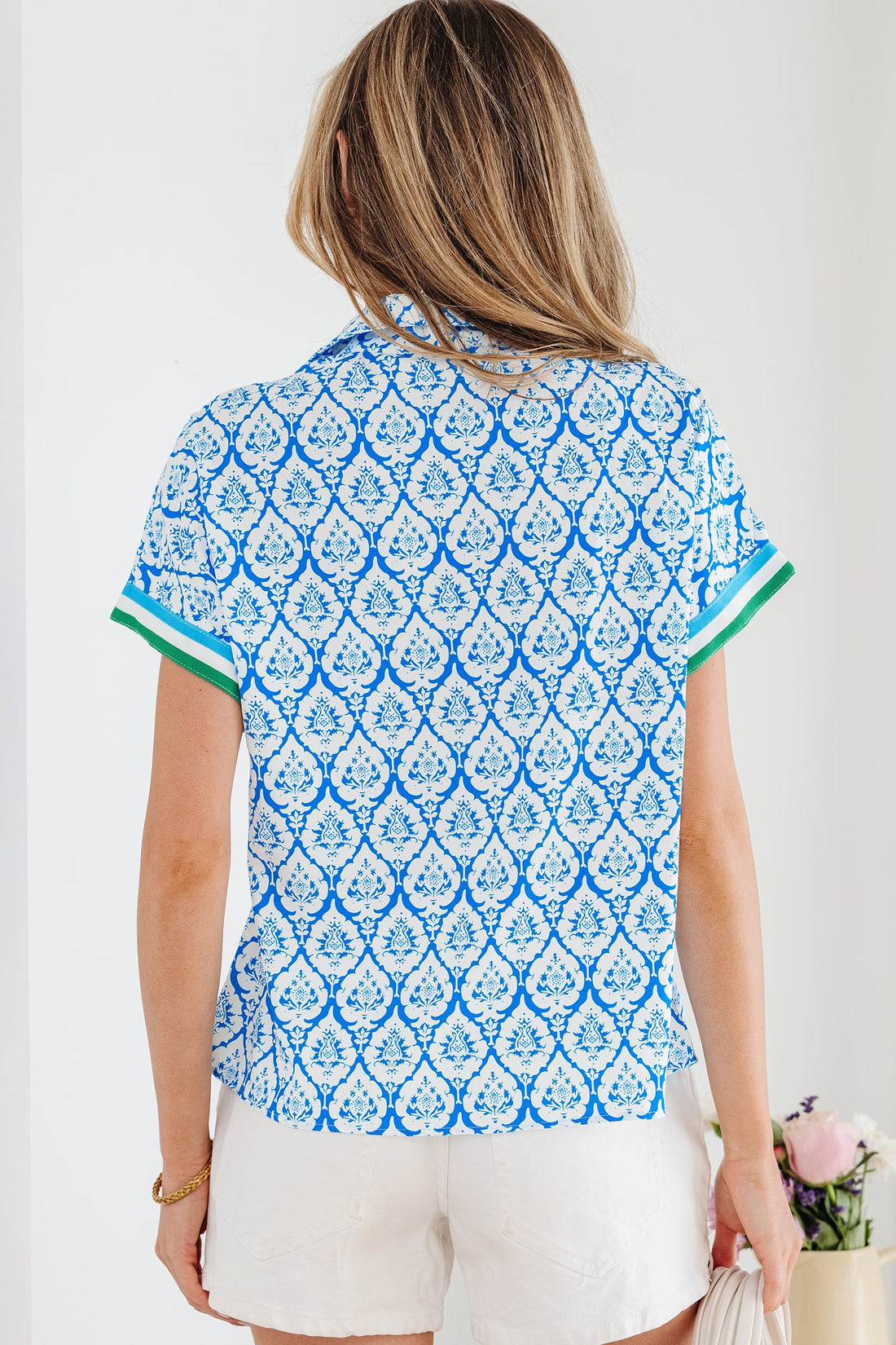 Sky Blue Western Print Zipped Collar Short Sleeve Summer Blouse Top