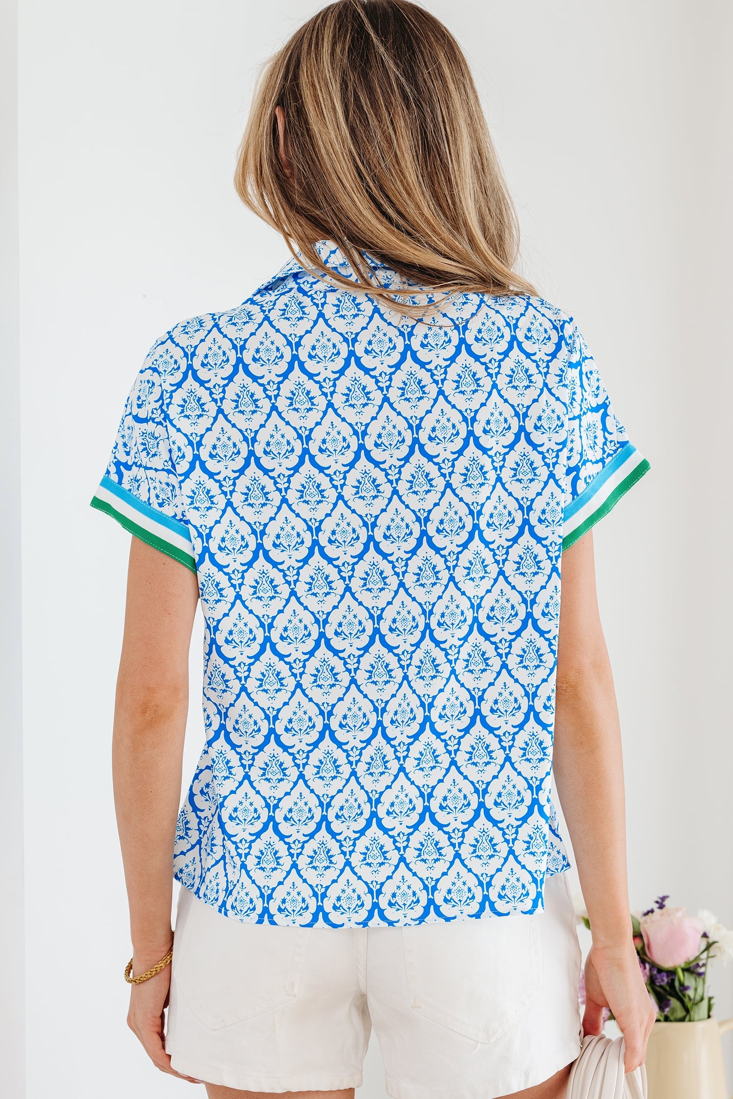 Sky Blue Western Print Zipped Collar Short Sleeve Summer Blouse Top