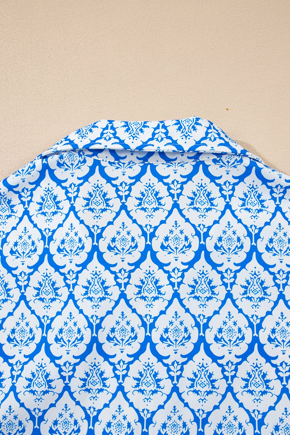 Sky Blue Western Print Zipped Collar Short Sleeve Summer Blouse Top