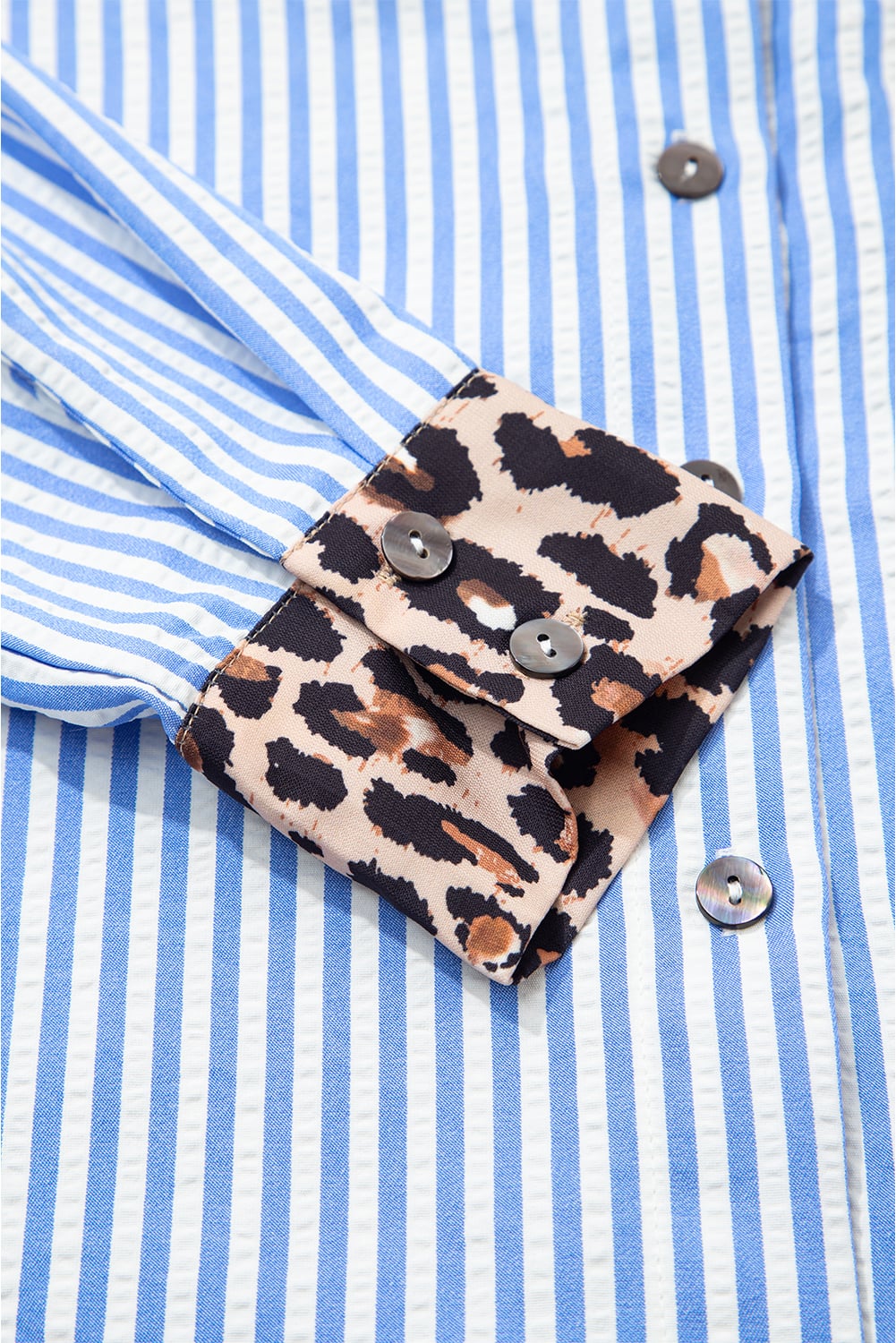 Sky Blue Striped Leopard Print Patchwork Button Up Womens Shirt