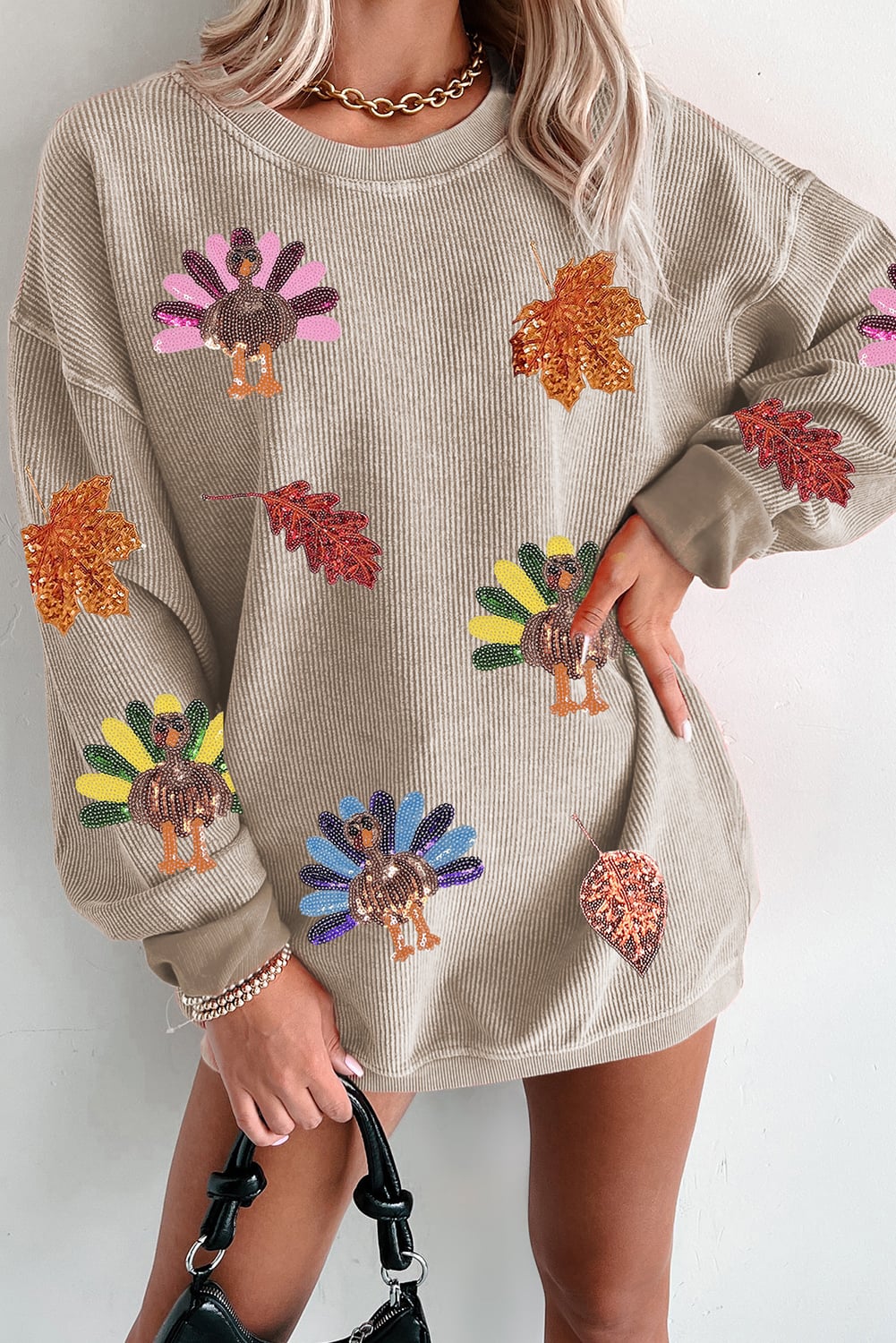 Smoke Gray 3D Ribbed Sequin Fall Leaf Turkey Graphic Baggy Sweatshirt