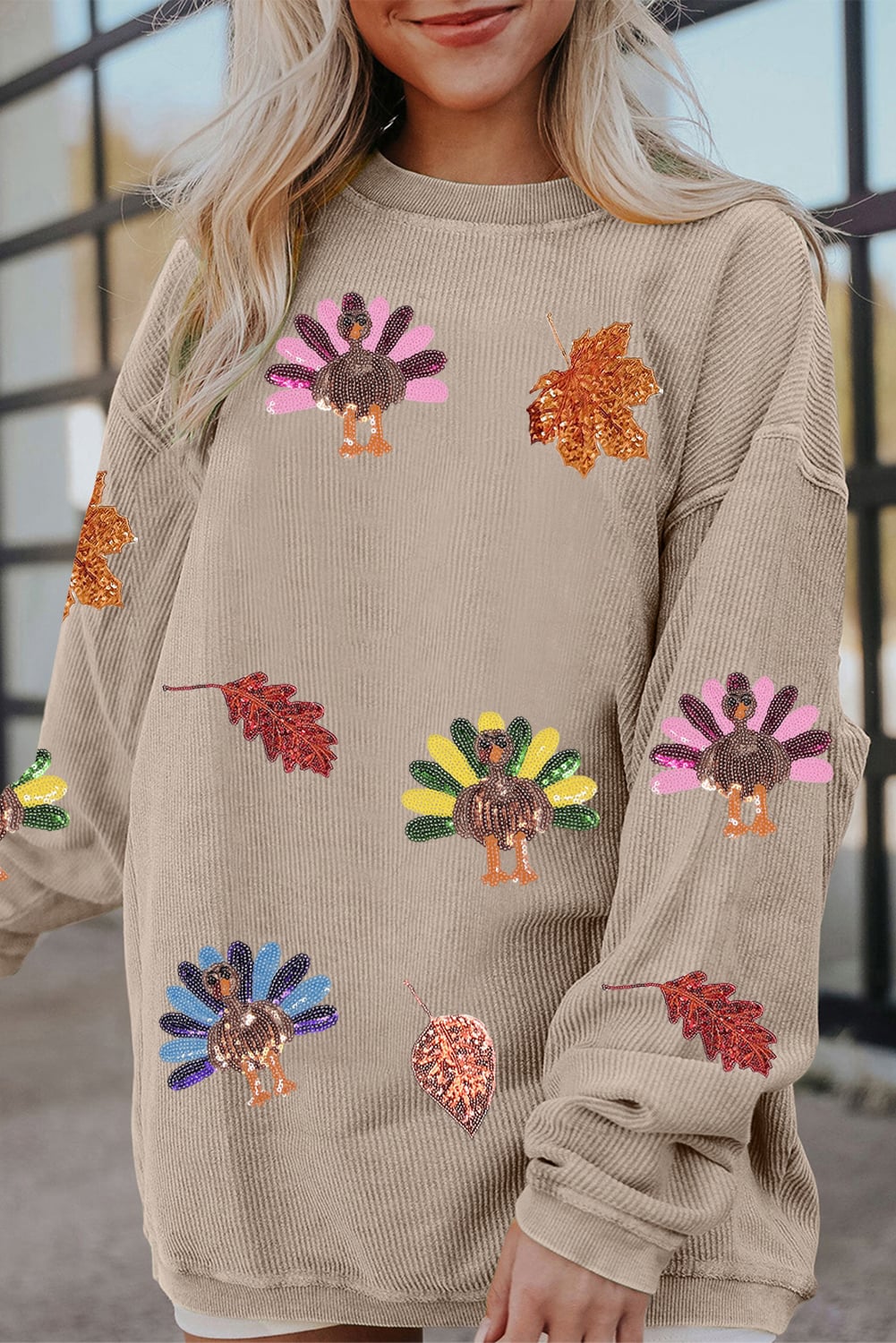 Smoke Gray 3D Ribbed Sequin Fall Leaf Turkey Graphic Baggy Sweatshirt