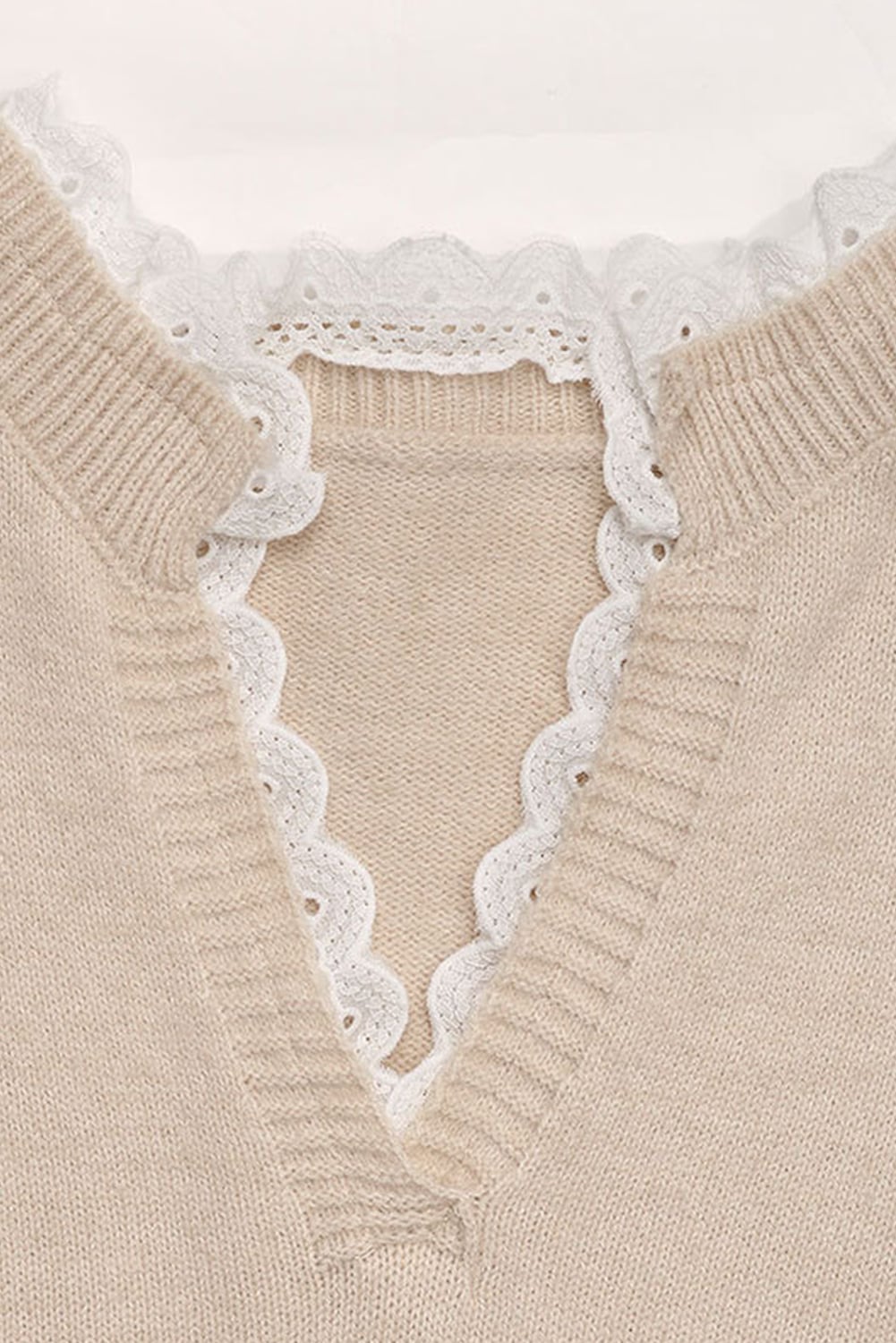 Smoke Gray Heart Print Lace Splicing V Neck Valentines Sweater