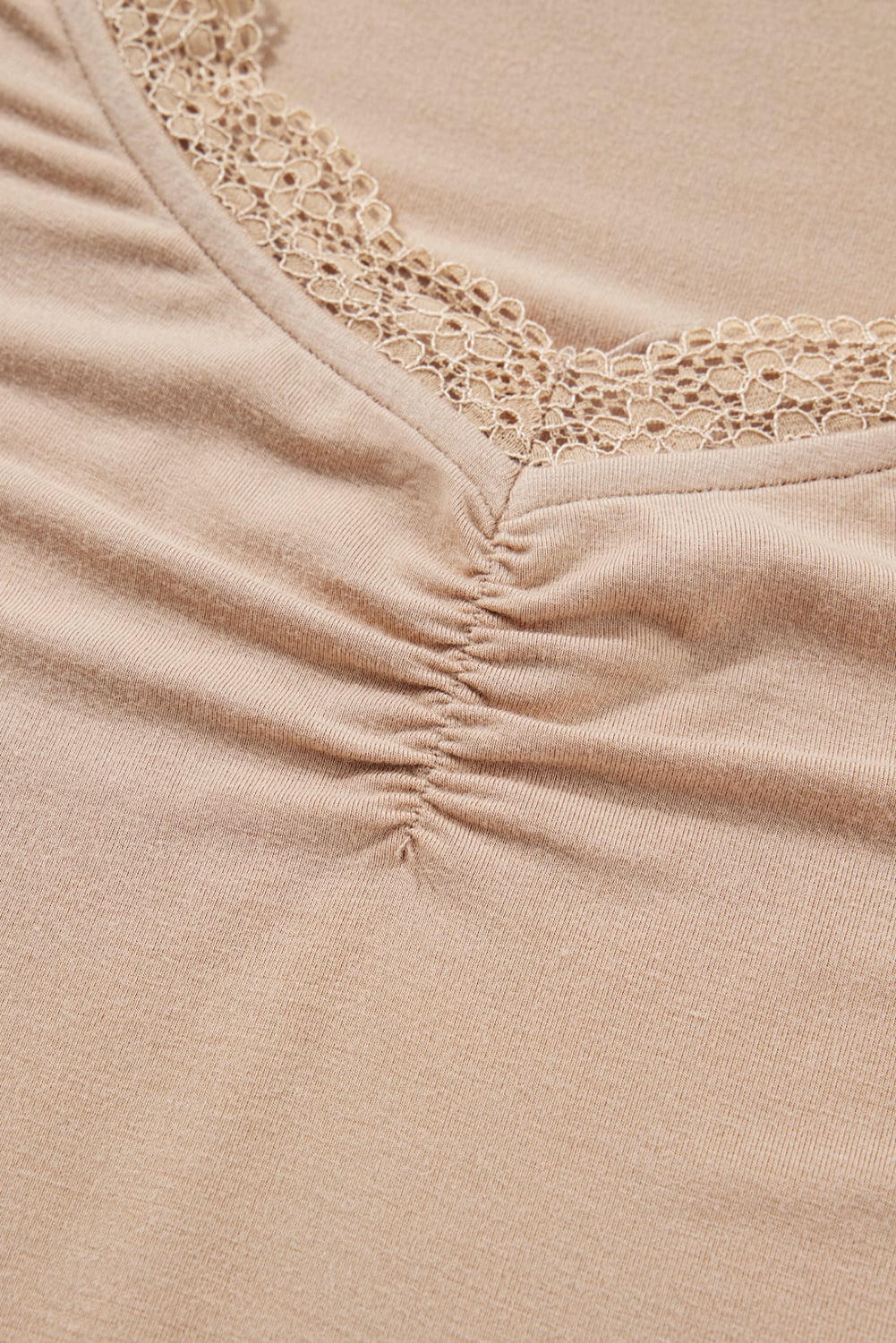 Smoke Gray Lace-trimmed Sweetheart Neckline Ruched Detail Long Sleeve T-shirt