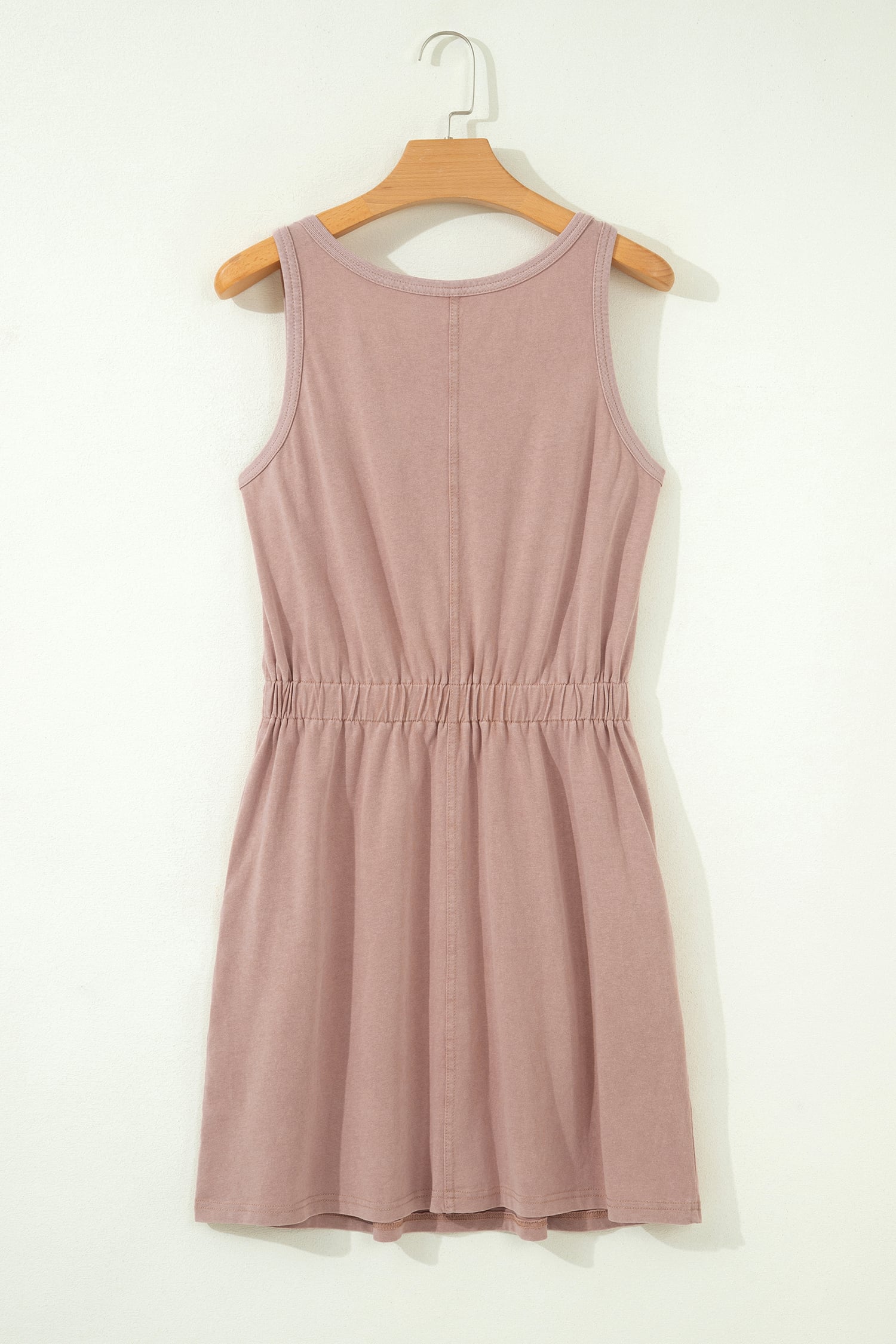 Smoke Gray Mineral Wash U Neck Elastic Waist Sleeveless Mini Dress