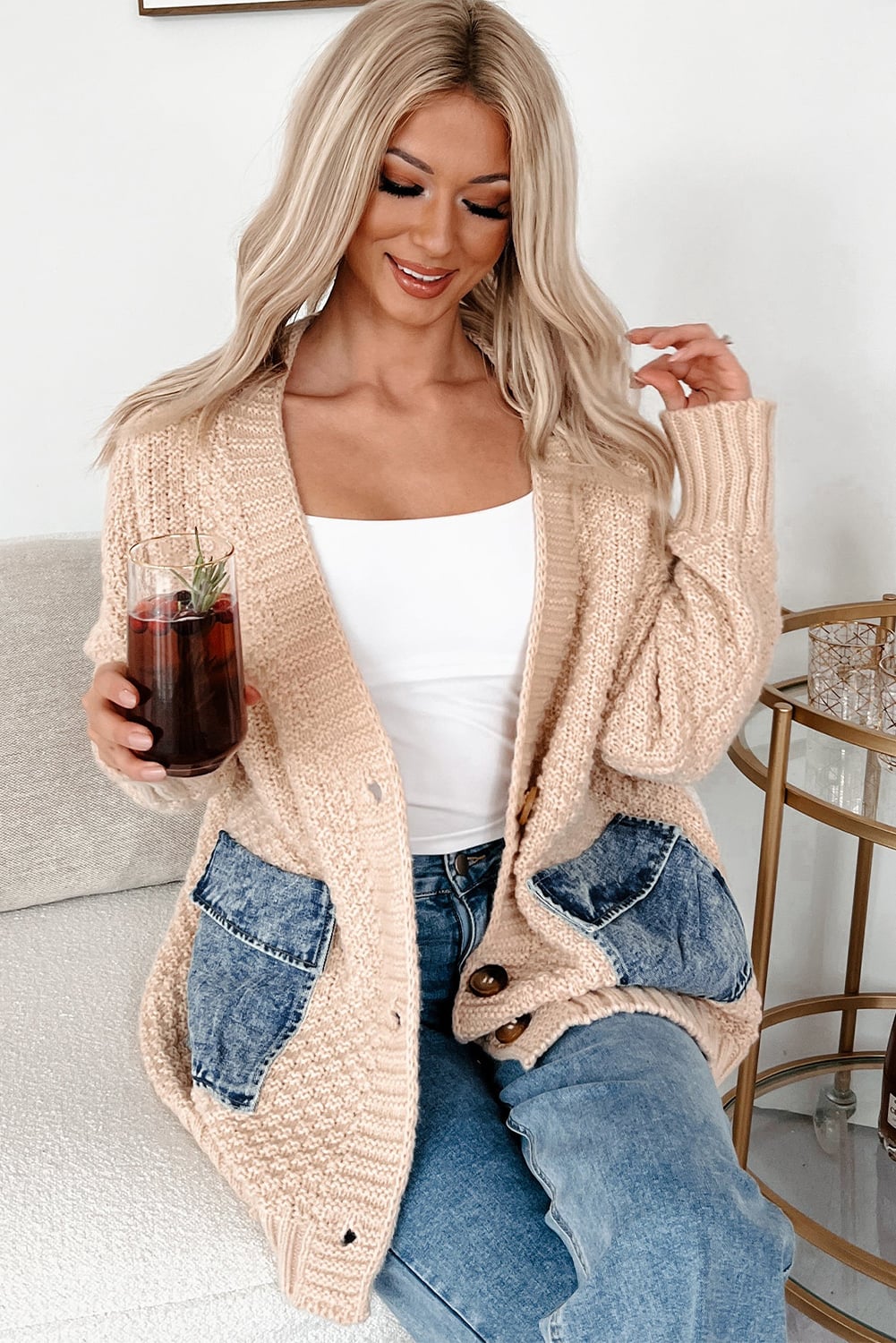 Smoke Gray Open Front Knitted Denim Pocket Patchwork Cardigan