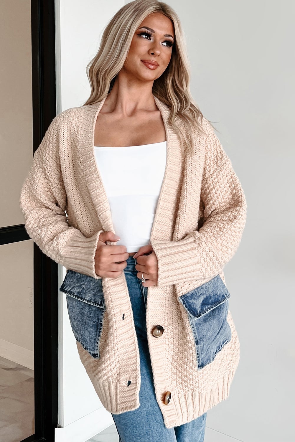 Smoke Gray Open Front Knitted Denim Pocket Patchwork Cardigan