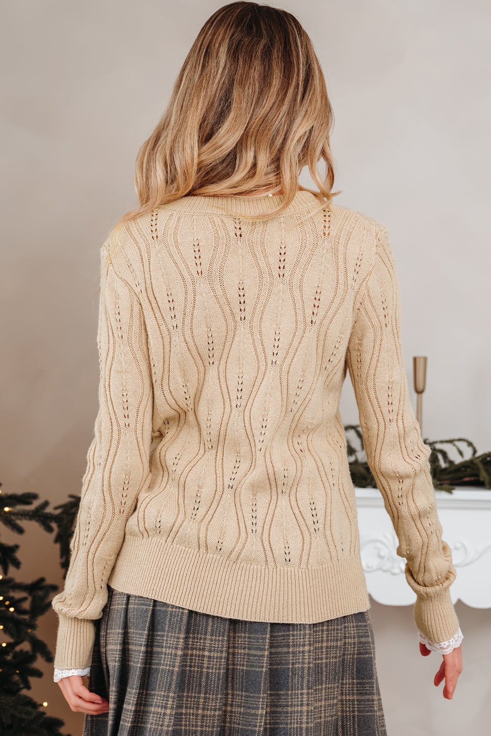 Smoke Gray Pearl Beaded Pointelle Knit V Neck Lace Patchwork Sleeve Sweater
