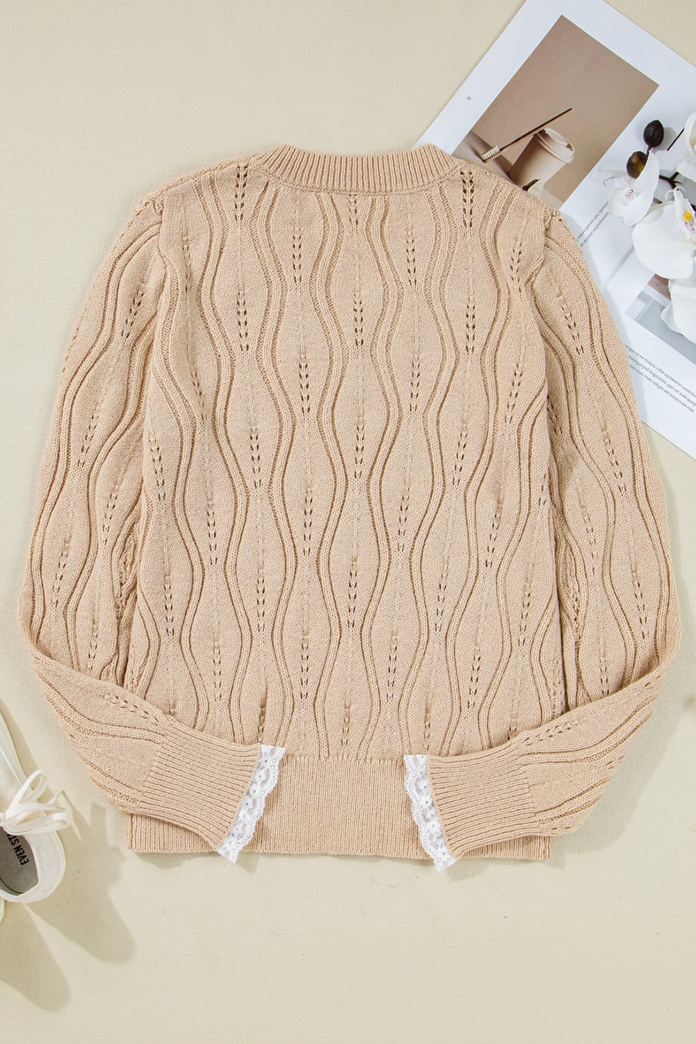 Smoke Gray Pearl Beaded Pointelle Knit V Neck Lace Patchwork Sleeve Sweater