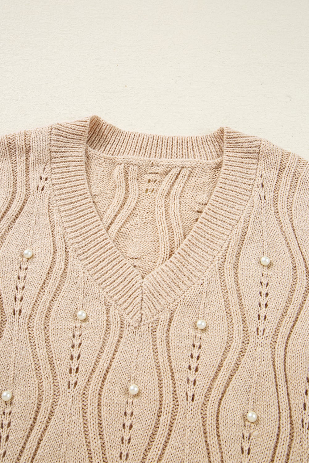 Smoke Gray Pearl Beaded Pointelle Knit V Neck Lace Patchwork Sleeve Sweater