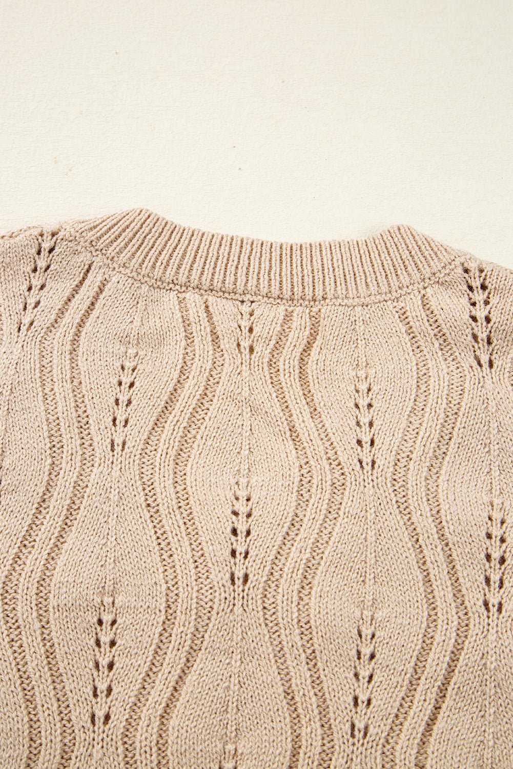 Smoke Gray Pearl Beaded Pointelle Knit V Neck Lace Patchwork Sleeve Sweater