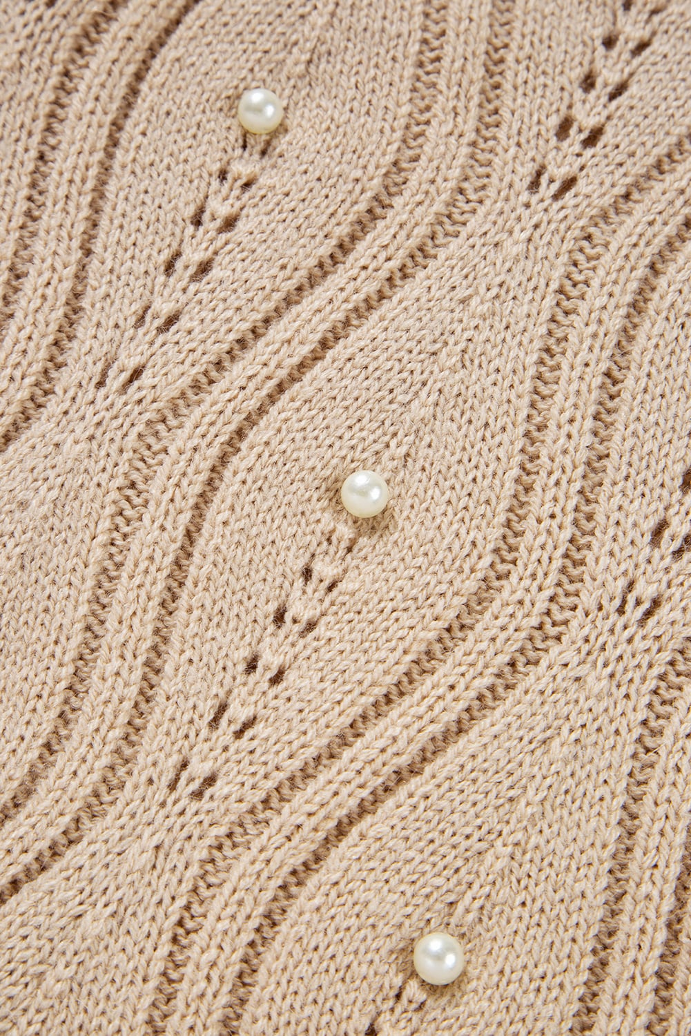 Smoke Gray Pearl Beaded Pointelle Knit V Neck Lace Patchwork Sleeve Sweater
