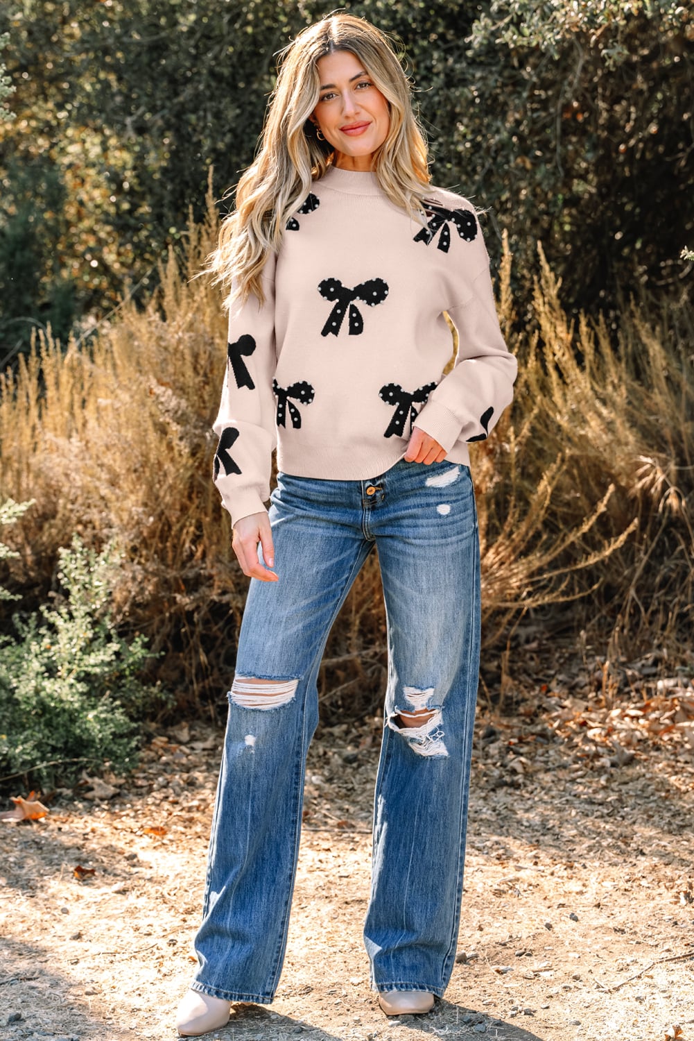 Smoke Gray Pearl Embellished Bow Pattern Loose Sweater