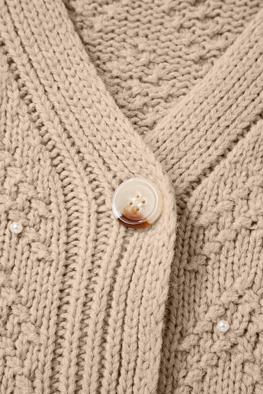 Smoke Gray Pearl Embellished Button Front V Neck Sweater Cardigan