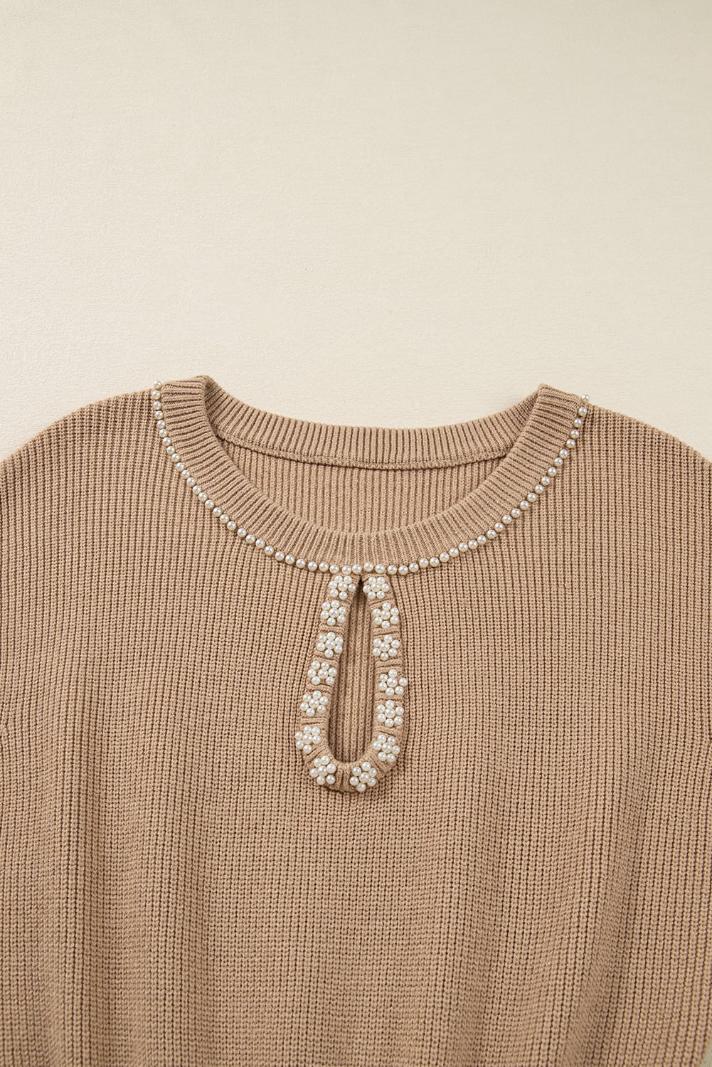 Smoke Gray Pearl Embellished Keyhole Ribbed Sweater Dress