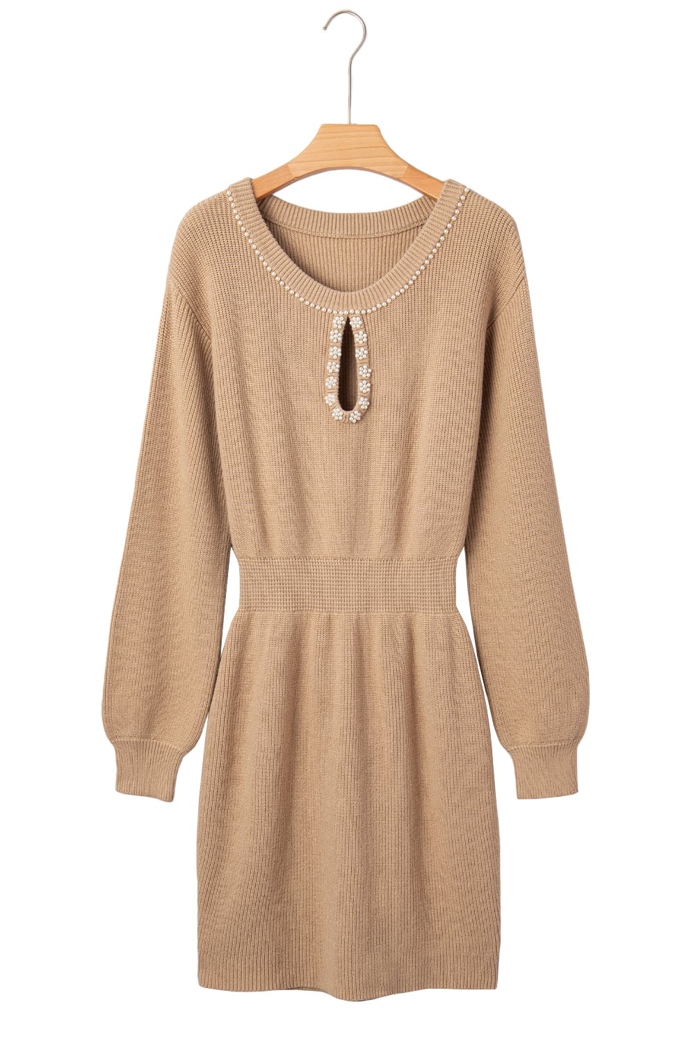 Smoke Gray Pearl Embellished Keyhole Ribbed Sweater Dress