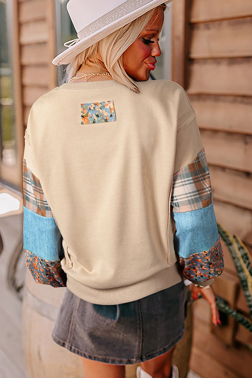 Smoke Gray Plaid Colorblock Patchwork Sleeve Raw Seam Sweatshirt