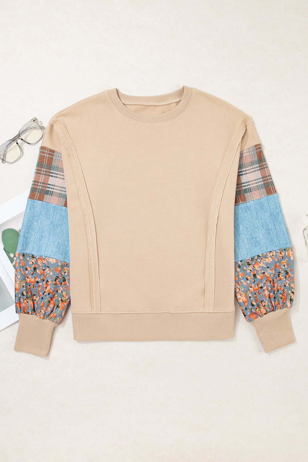 Smoke Gray Plaid Colorblock Patchwork Sleeve Raw Seam Sweatshirt