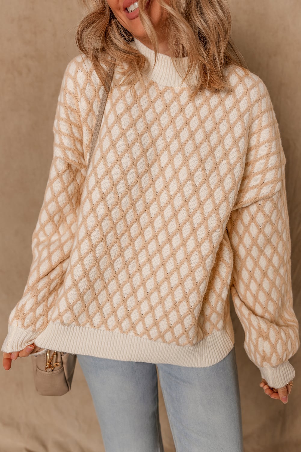 Smoke Gray Rhombus Textured Knit Mock Neck Sweater