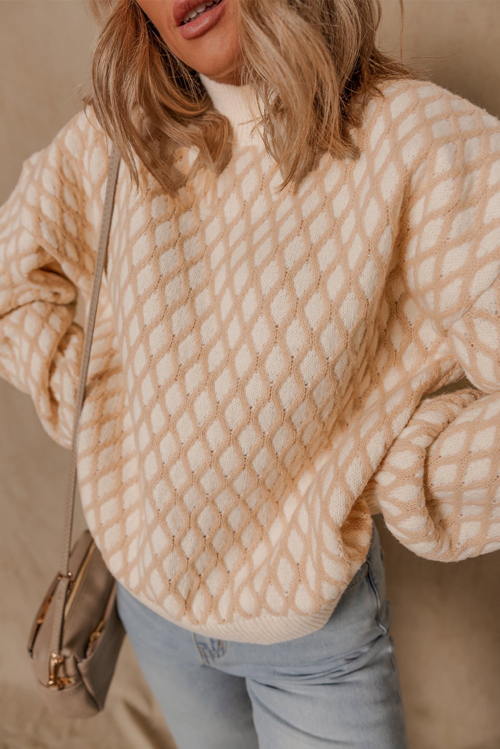 Smoke Gray Rhombus Textured Knit Mock Neck Sweater