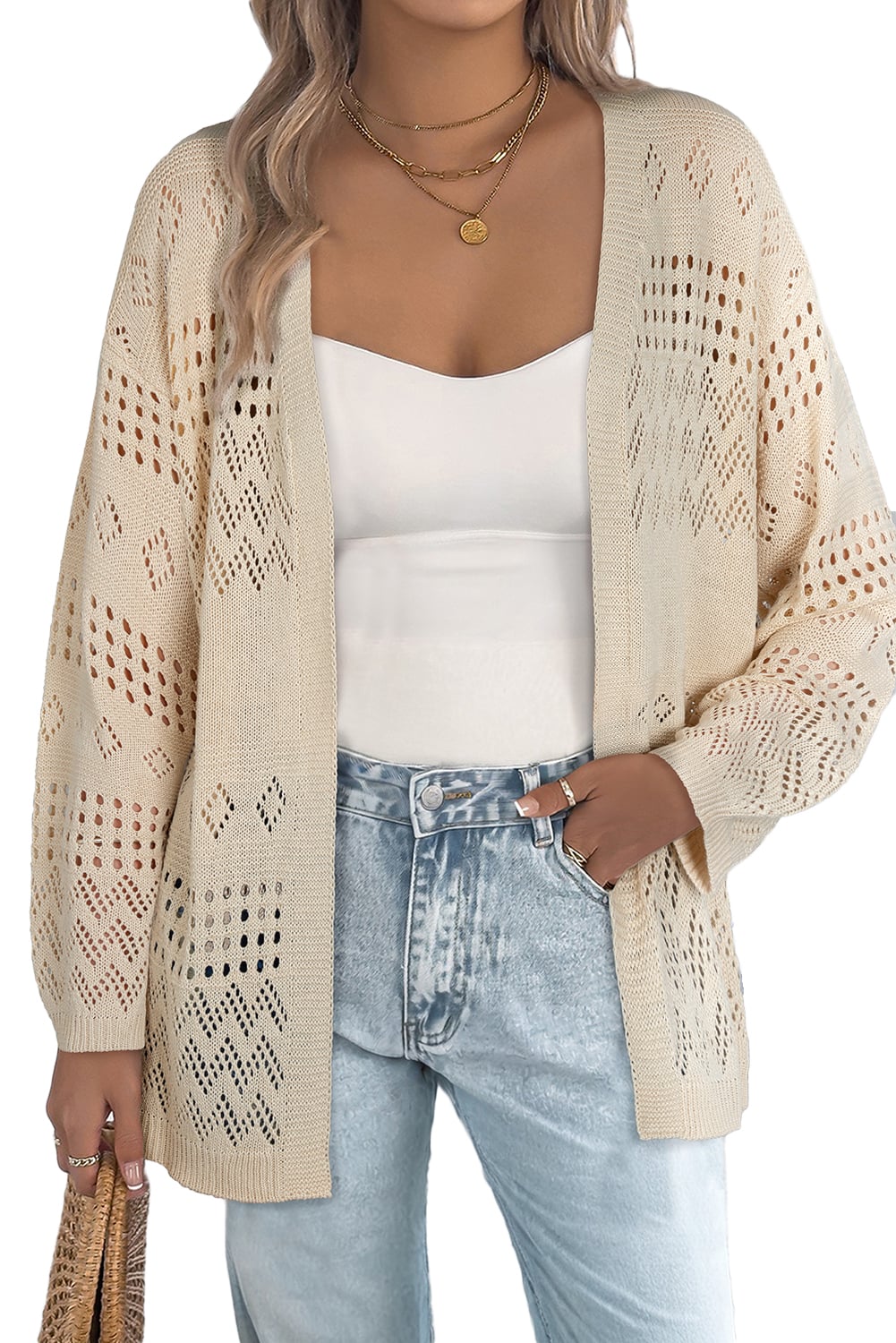 Smoke Gray Solid Color Hollowed Knit Open Front Cardigan Sweater