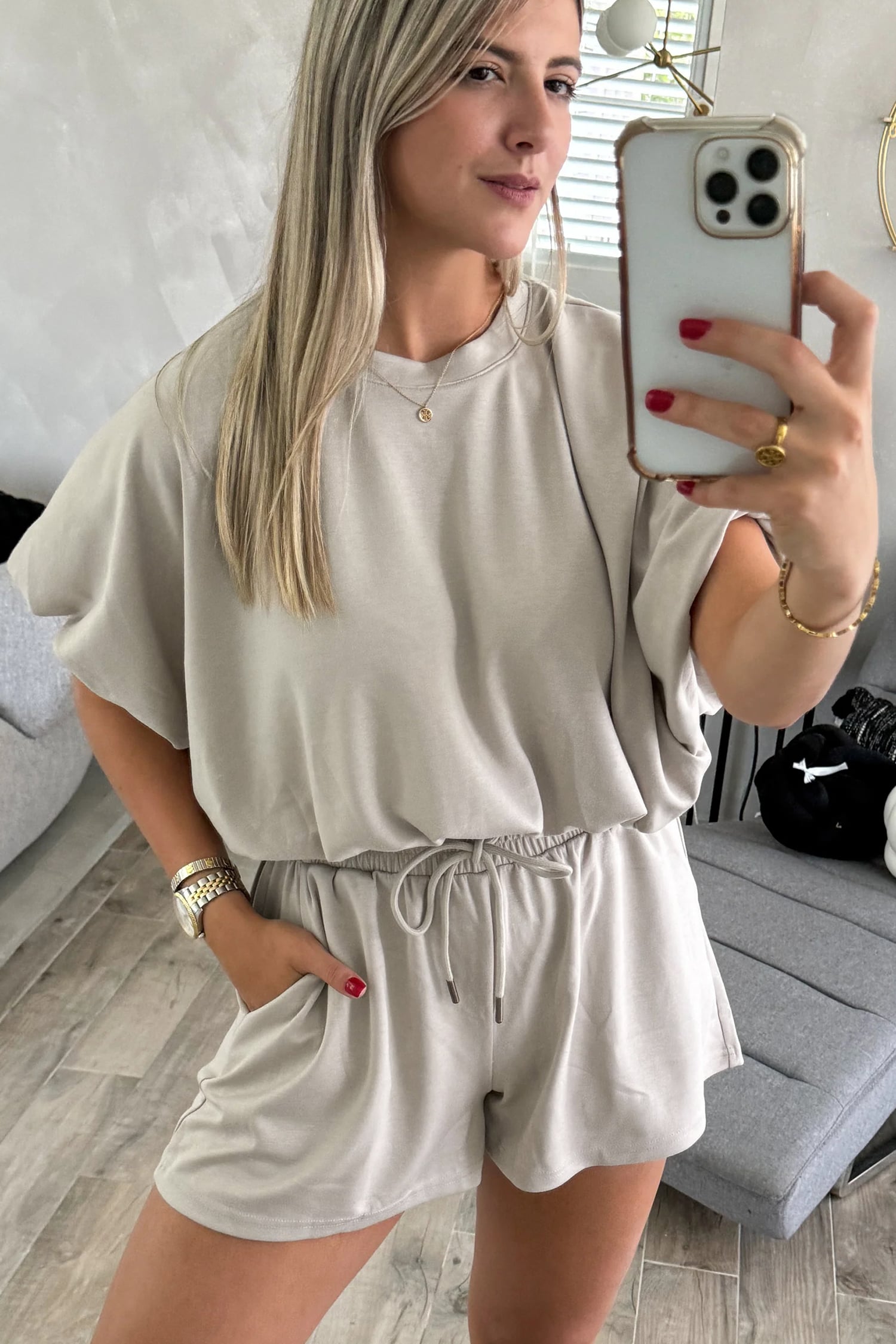 Smoke Gray Solid Color Puffy Loose Top Drawstring Shorts 2pcs Outfit