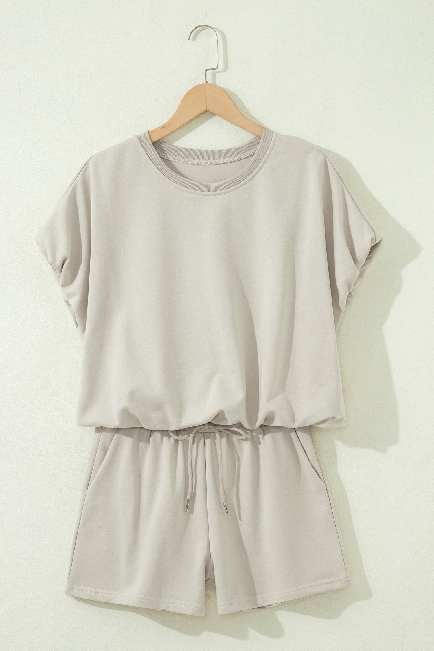 Smoke Gray Solid Color Puffy Loose Top Drawstring Shorts 2pcs Outfit