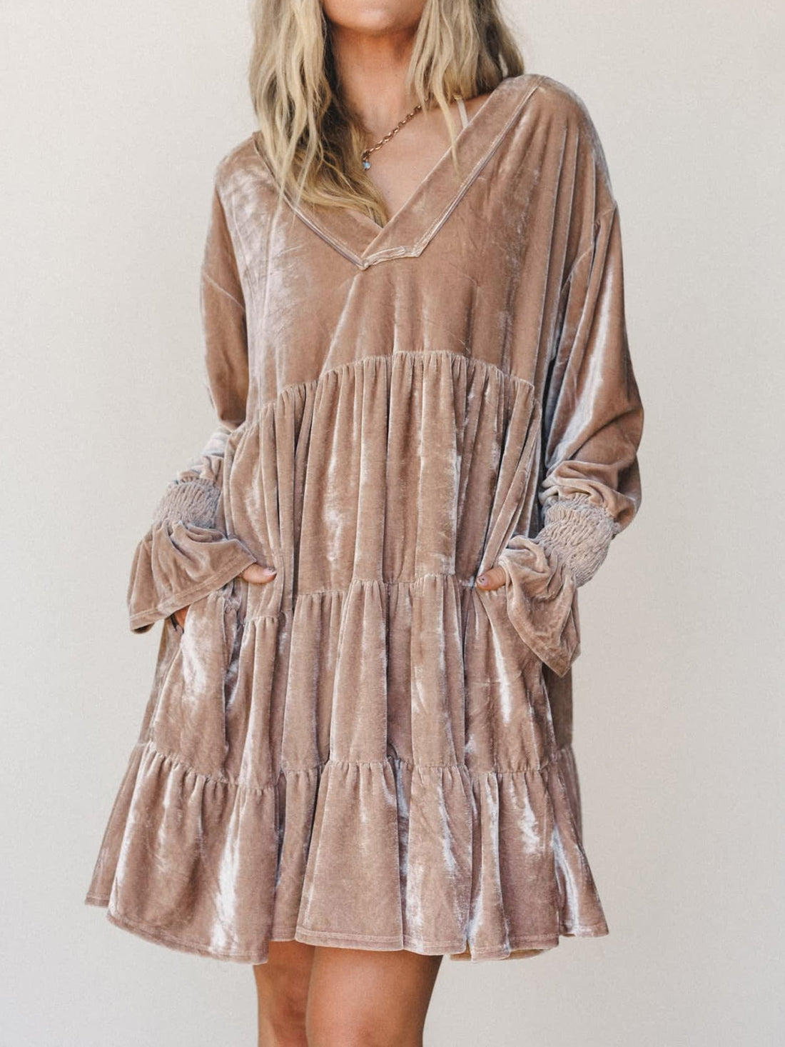 Smoke Gray Solid Color V Neck Velvet Tiered Long Sleeve Dress