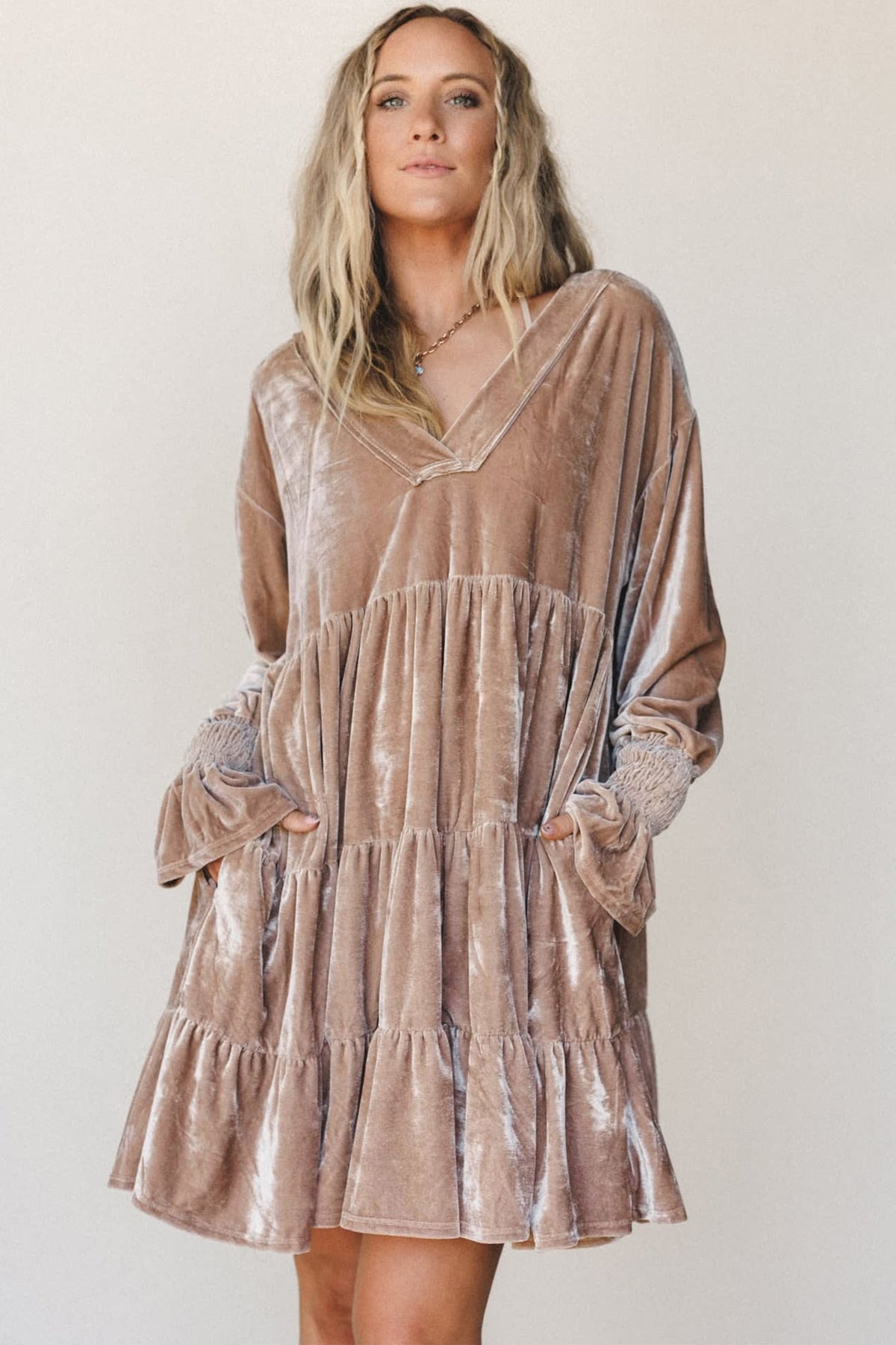 Smoke Gray Solid Color V Neck Velvet Tiered Long Sleeve Dress