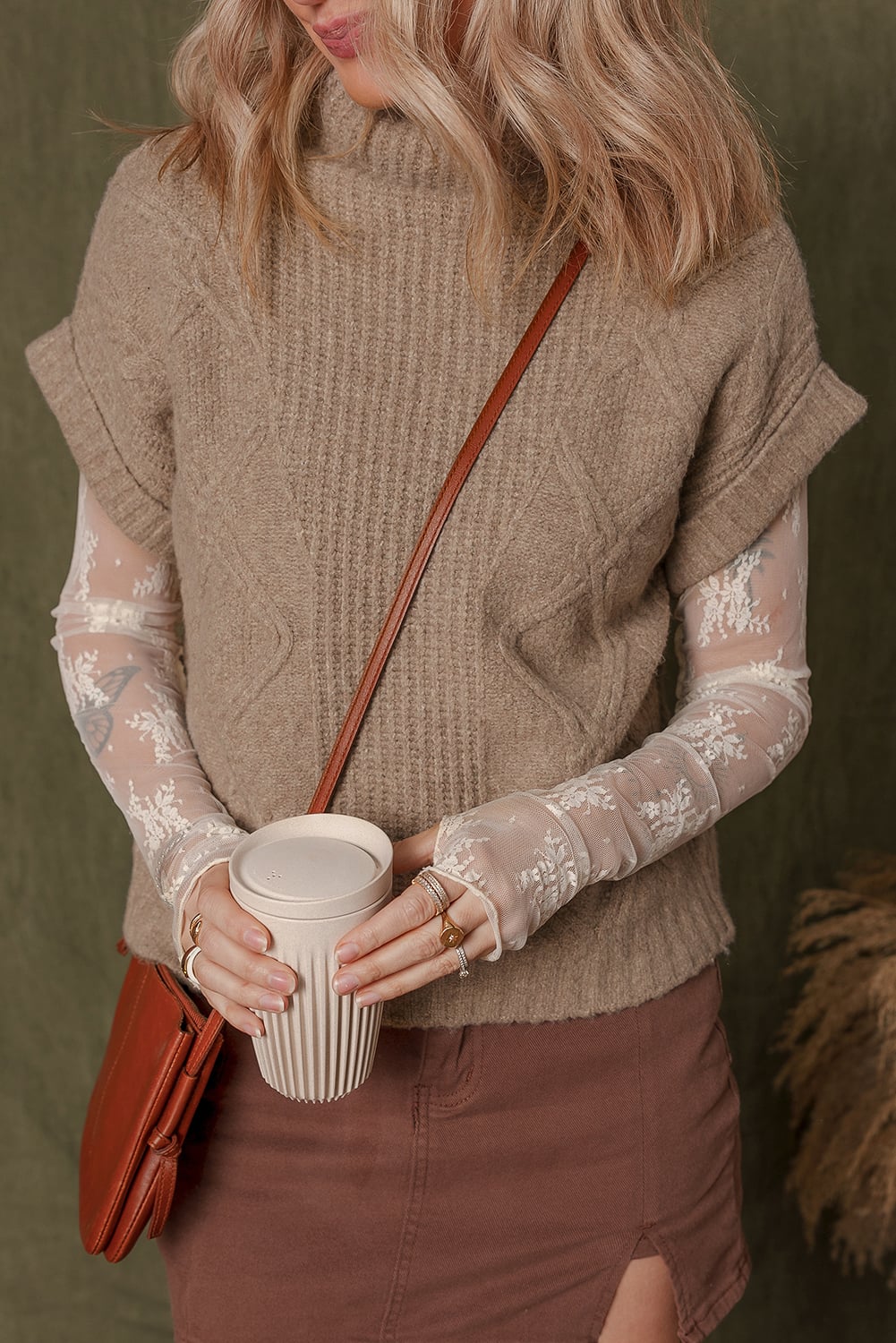 Smoke Gray Textured Knit High Neck Sweater T Shirt
