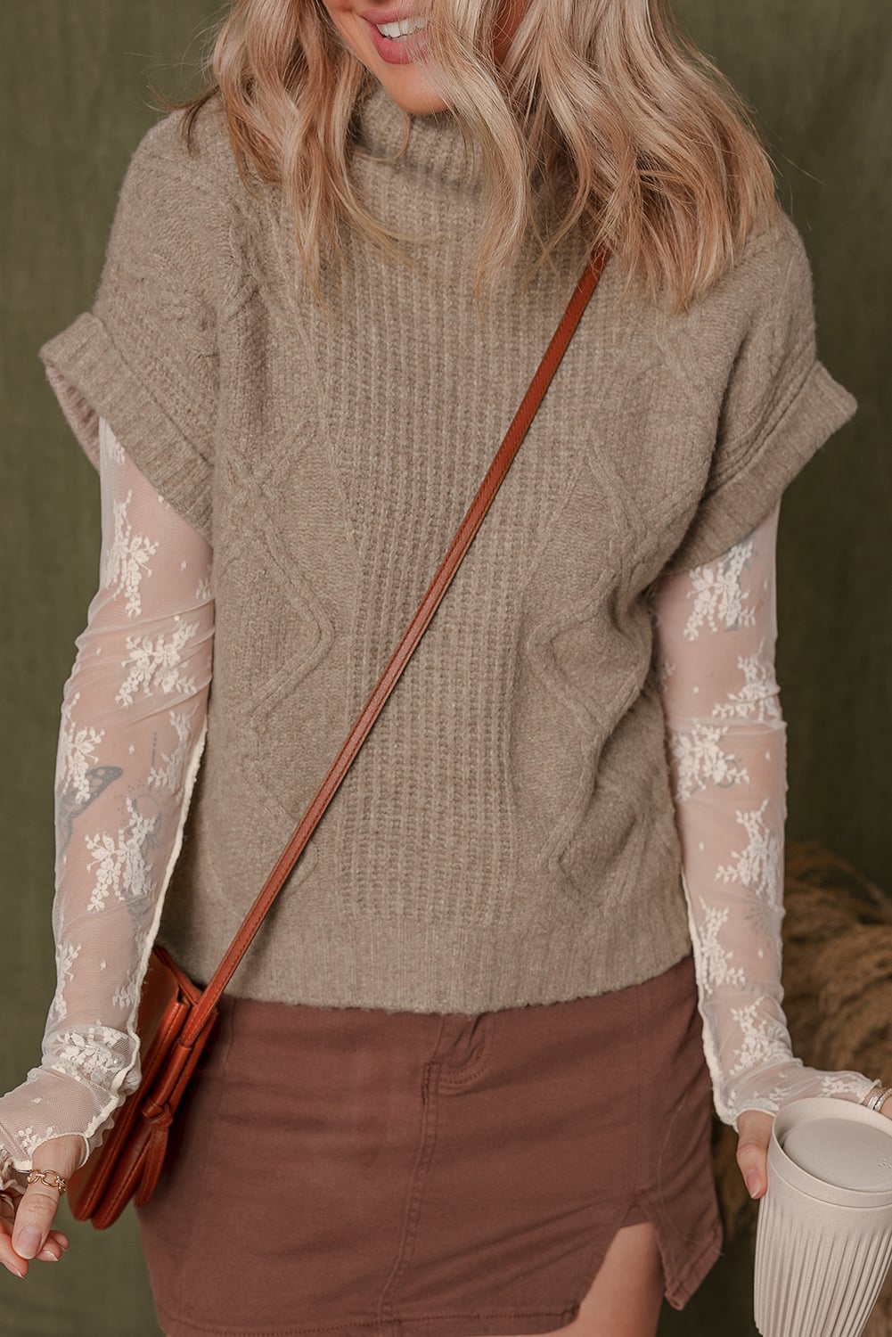 Smoke Gray Textured Knit High Neck Sweater T Shirt