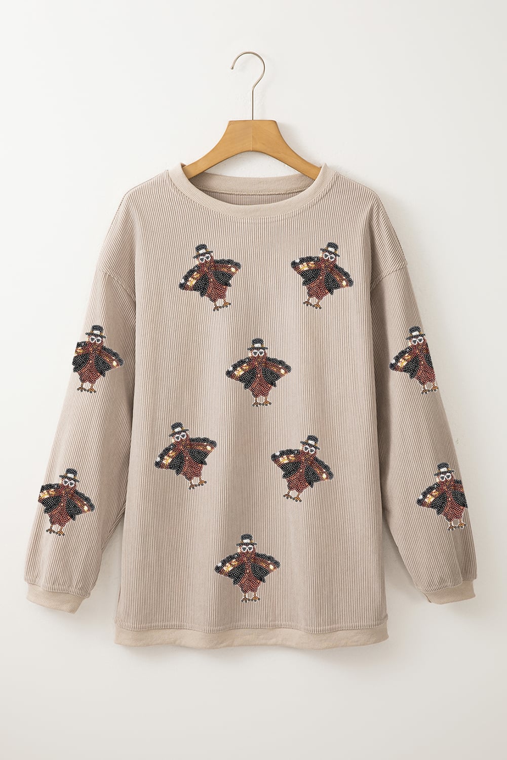 Smoke Gray Twisted Ribbed Sequined Thanksgiving Turkey Graphic Baggy Sweatshirt