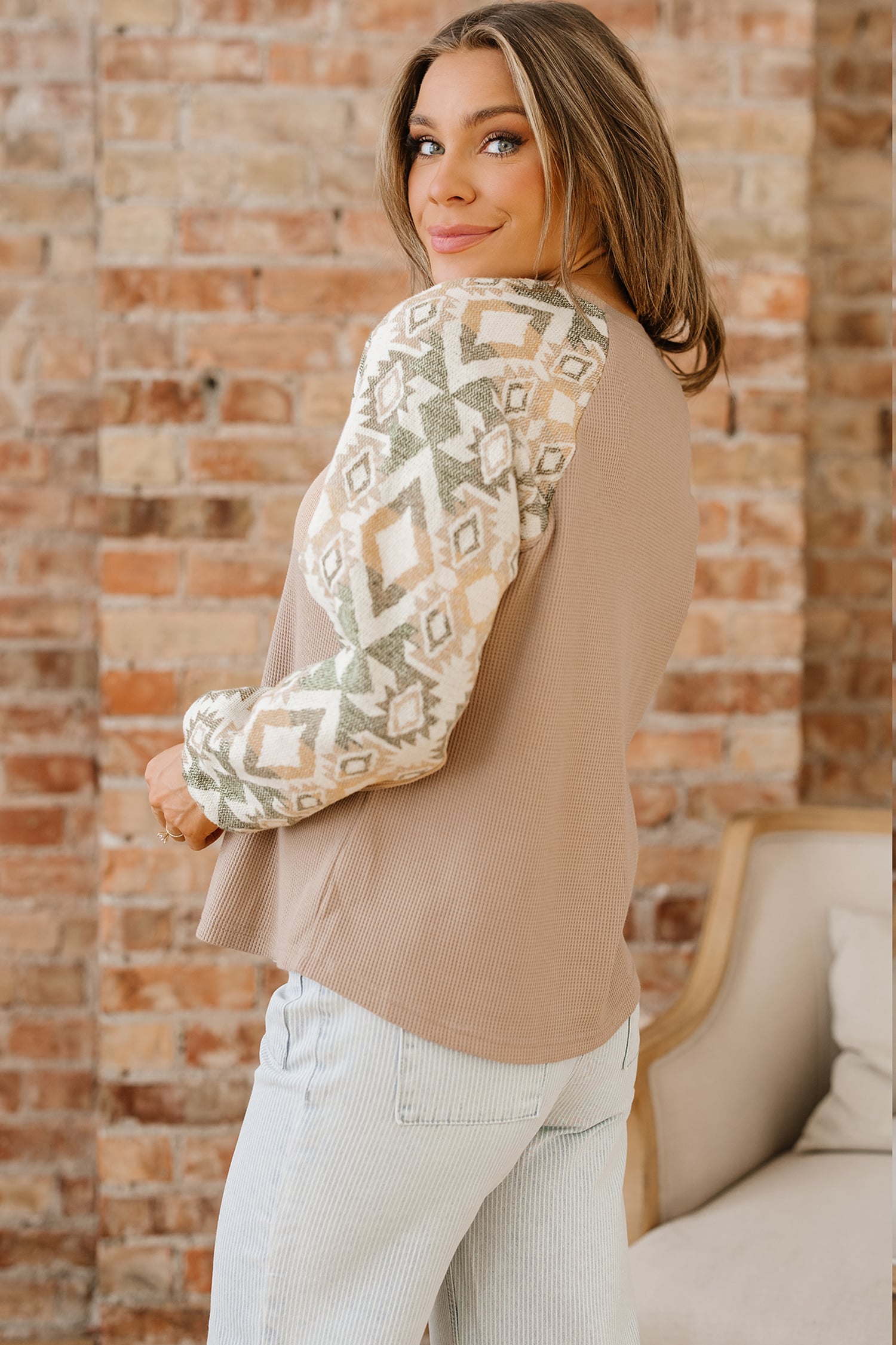 Smoke Gray Waffle Aztec Patchwork Raglan Sleeve Knit Top