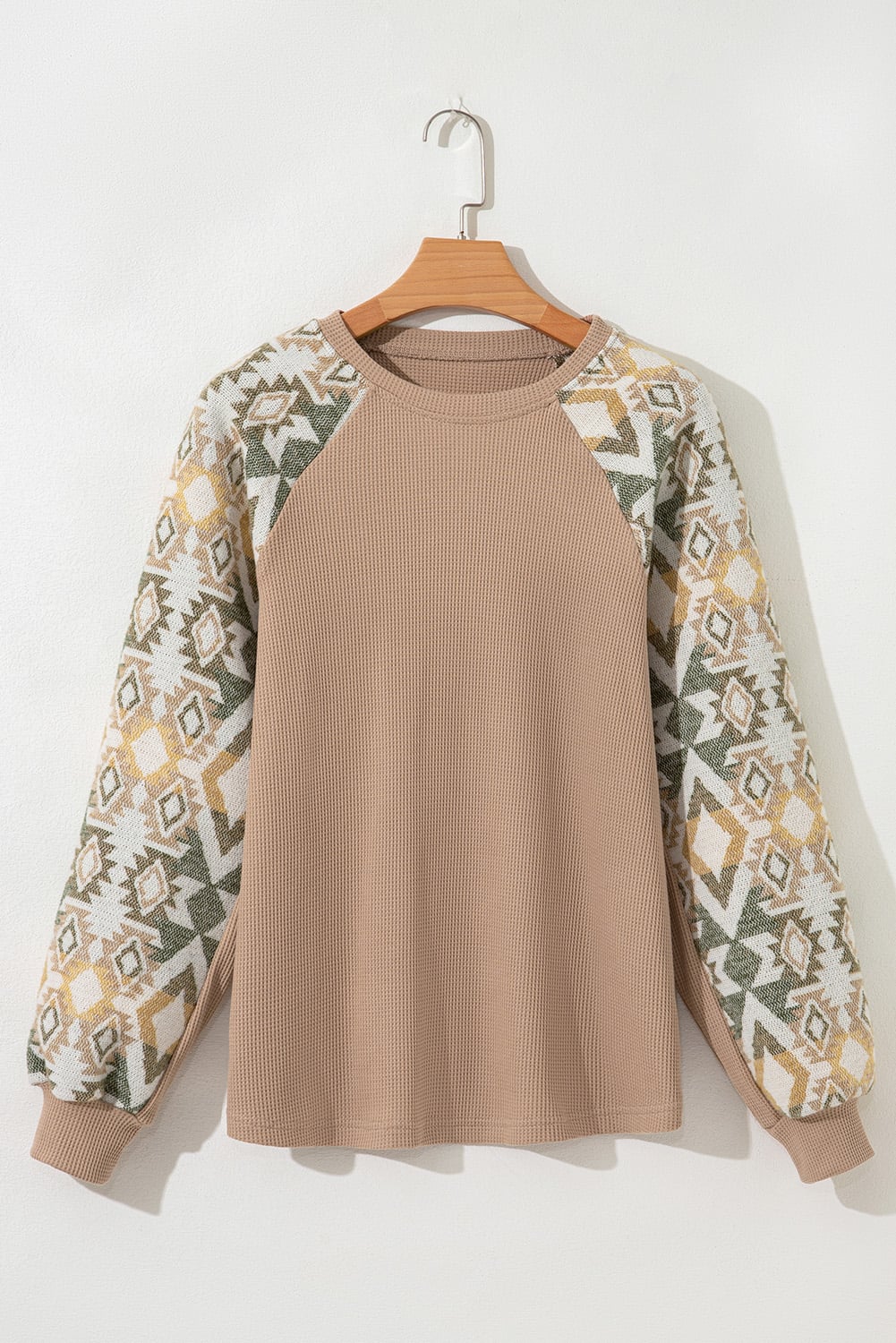 Smoke Gray Waffle Aztec Patchwork Raglan Sleeve Knit Top