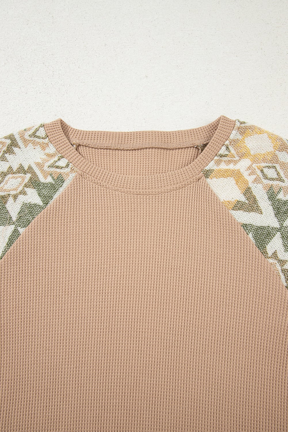 Smoke Gray Waffle Aztec Patchwork Raglan Sleeve Knit Top