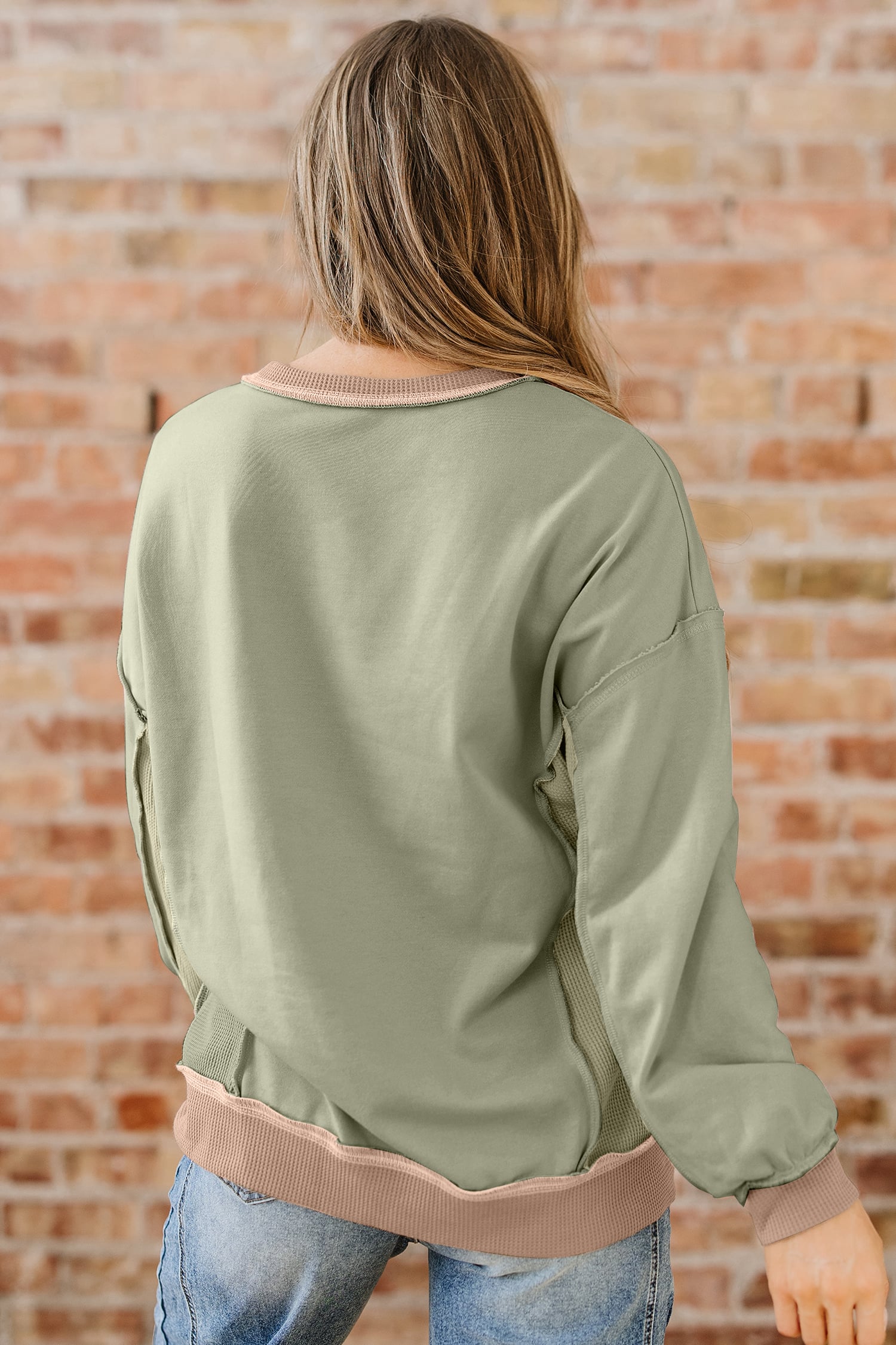 Smoke Green Color Block Mix Texture Waffle Patchwork Oversize Sweatshirt