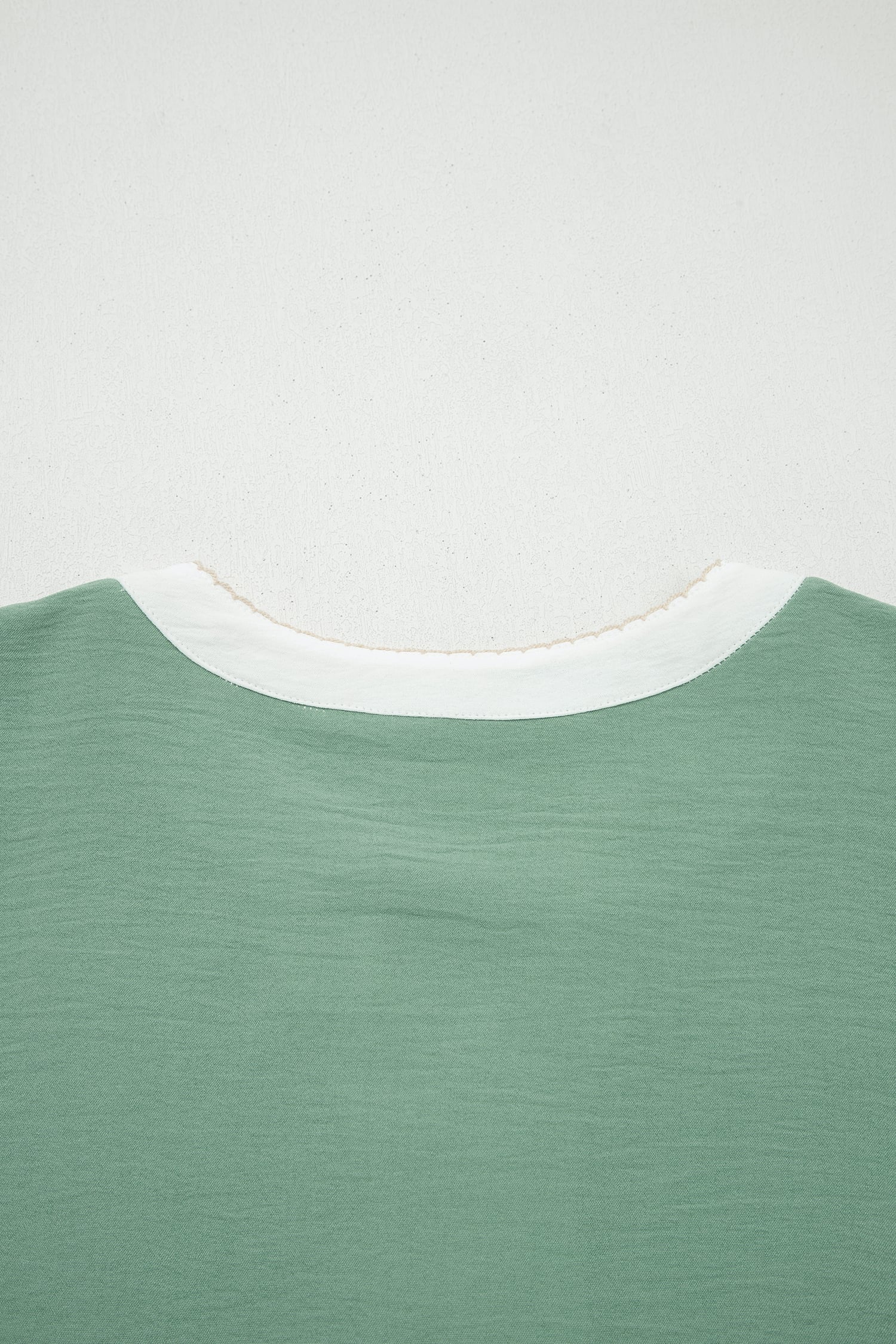 Smoke Green Color Block Patchwork V Neck Embroidered Puff Sleeve Babydoll Blouse