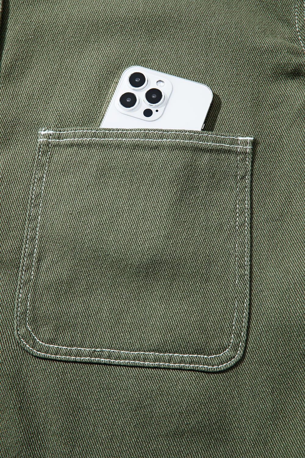 Smoke Green Patched Pocket Collared Button Front Boyfriend Denim Jacket